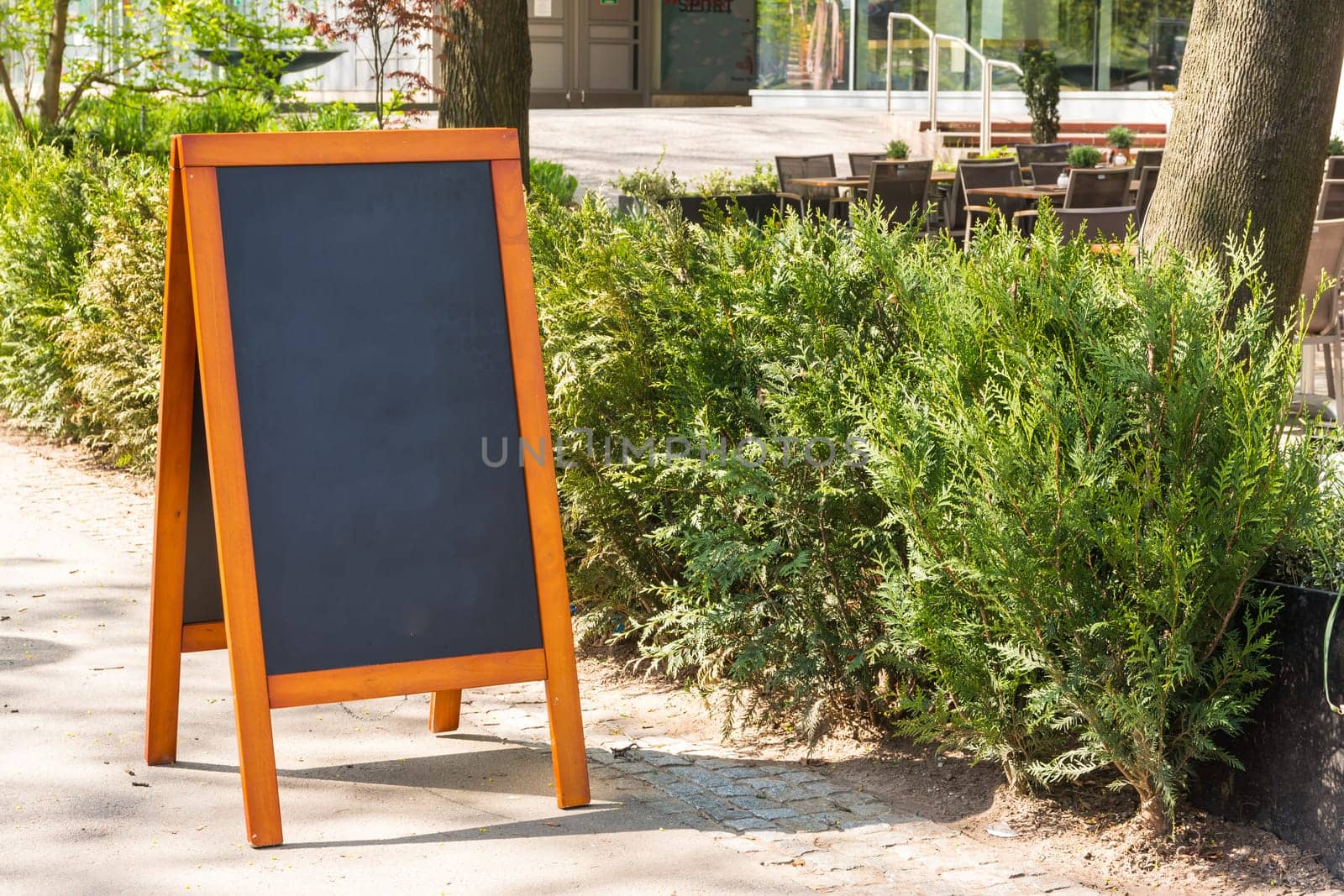 Blank Cafe Chalkboard Sidewalk Bushes Outdoors City Urban Restaurant Menu
