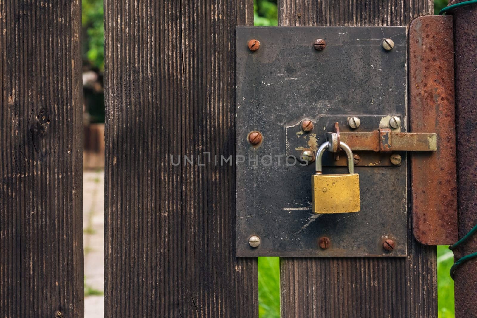 Wooden Garden Gate Rough Texture with Padlock Rusty Rustic Outdoors
