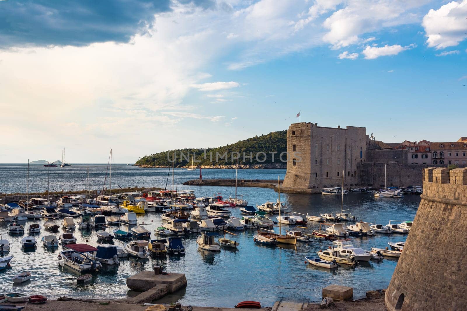 Sunrise Over Full Occupied Dubrovnik Croatia Harbor Blue Sky Boats Summer August 2017