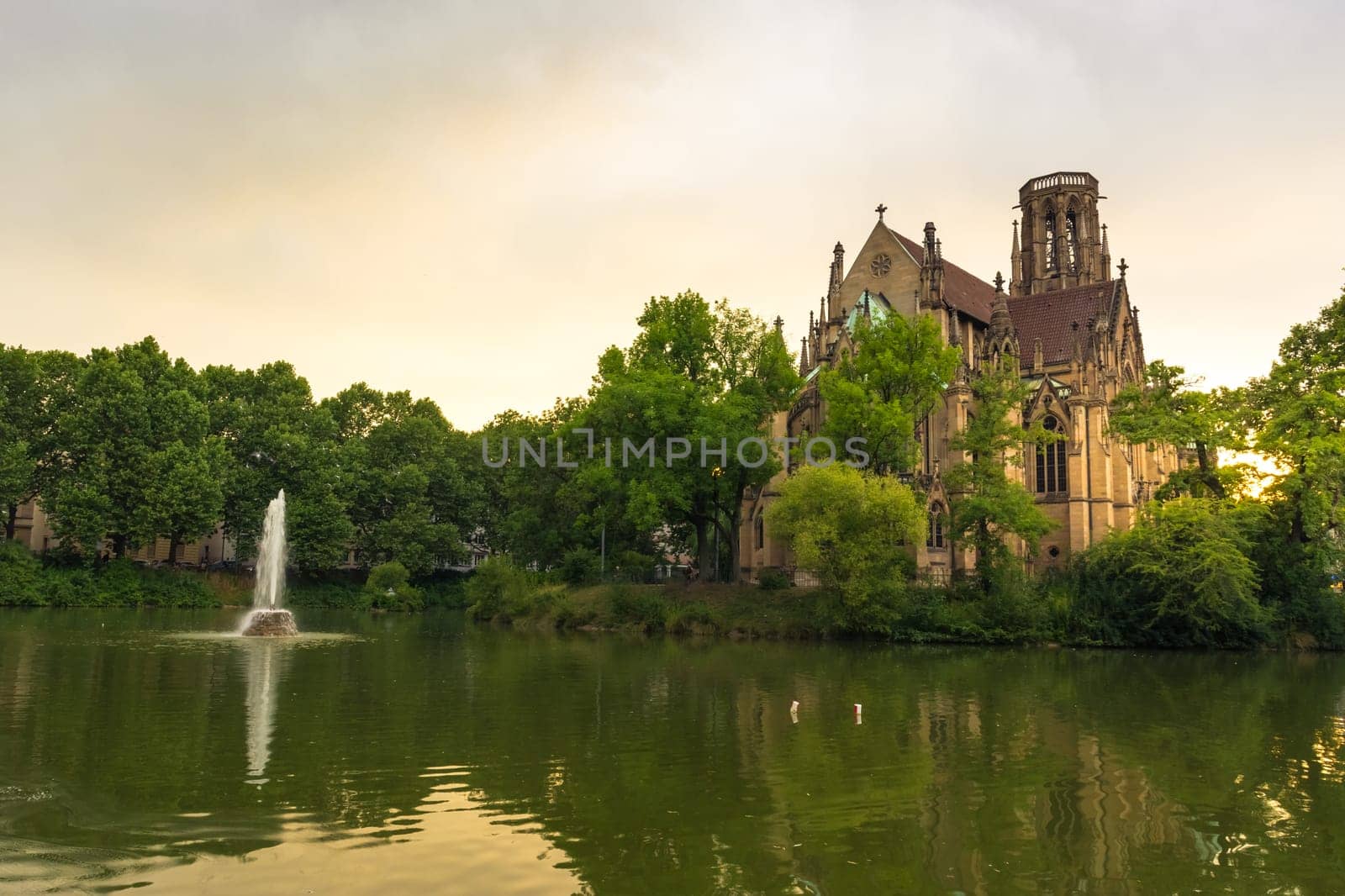 Stuttgart Feuersee Johanesskirche Pond Landscape Germany Europe Architecture Destination
