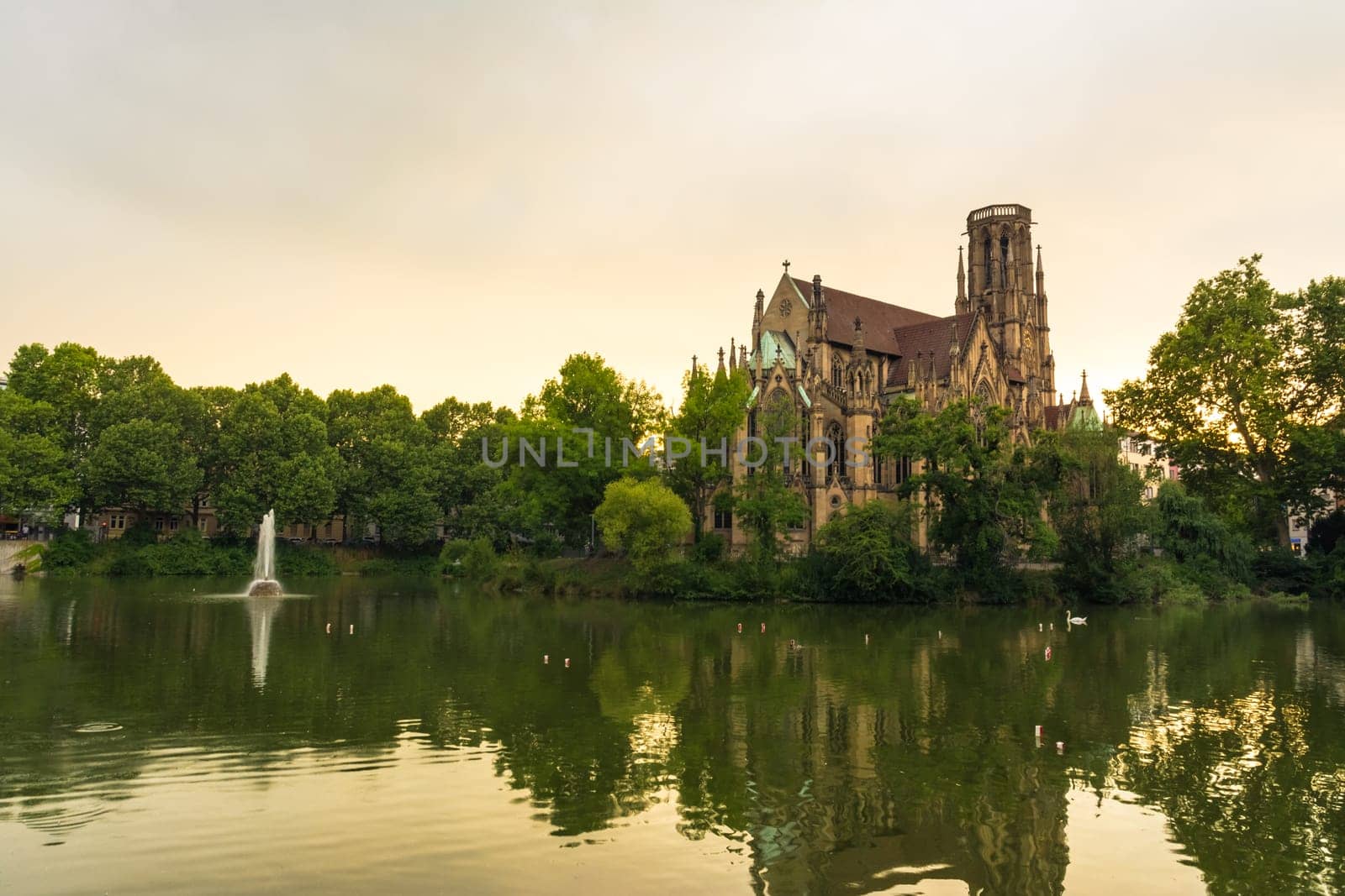 Stuttgart Feuersee Johanesskirche Pond Landscape Germany Europe Architecture Destination