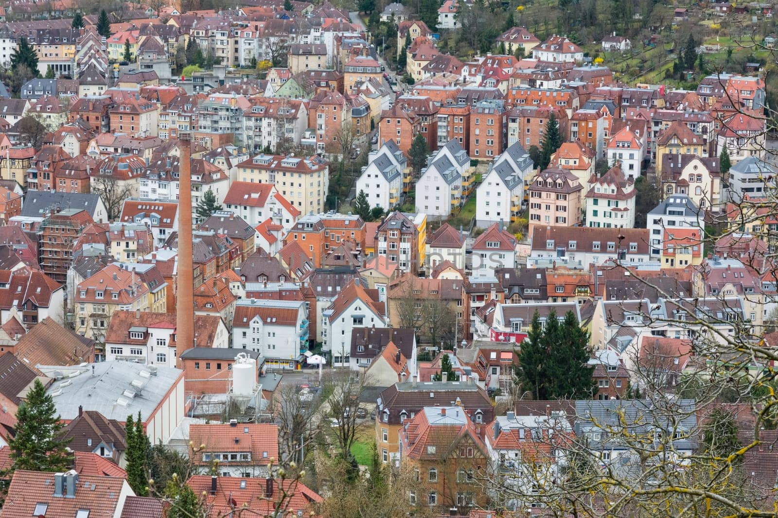 Stuttgart Aerial from Above Kessel Biulding Tight Crowded City Smokestack Landscape View
