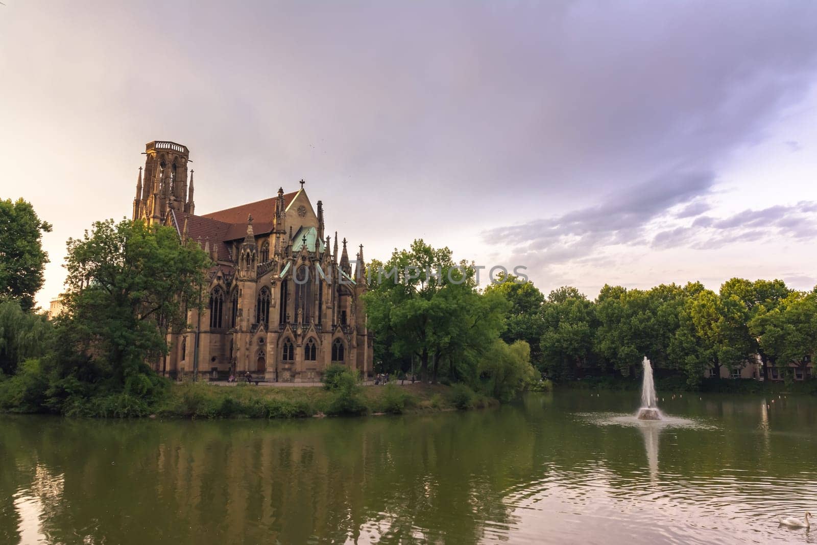 Stuttgart Feuersee Johanesskirche Pond Landscape Germany Europe Architecture Destination