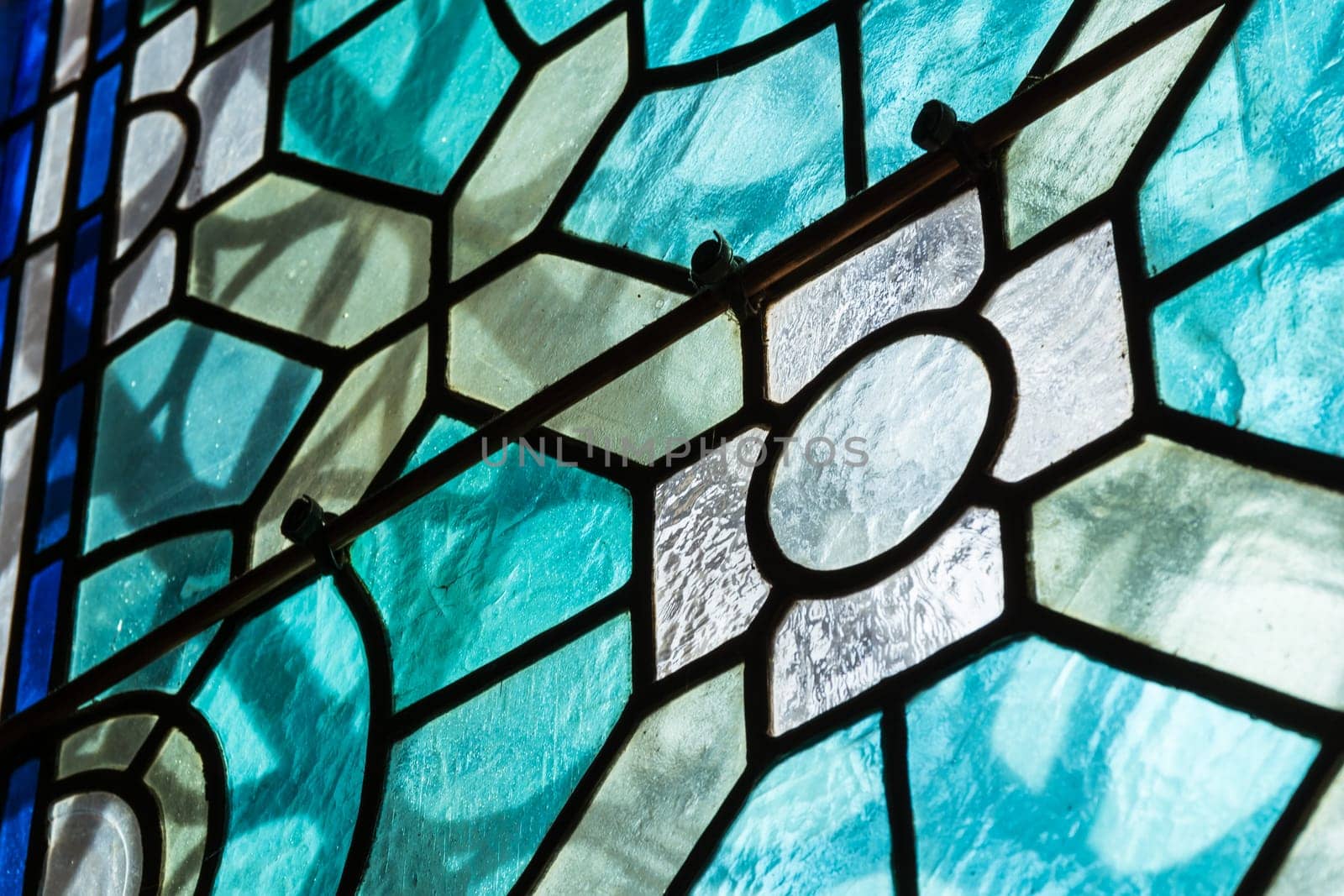 Stained Glass Closeup Religious Church Indoors Black Contrast Texture Blue Red Jesus Decoration Architecture Material