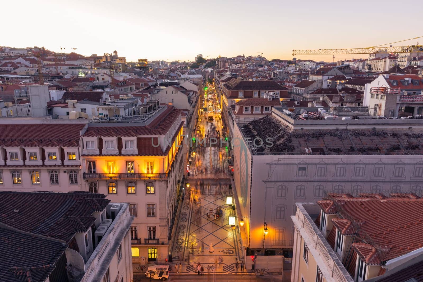 Dusk Over Rua Augusta Shopping Street in Lisbon Portugal, August 2017 Summer Tourist Season