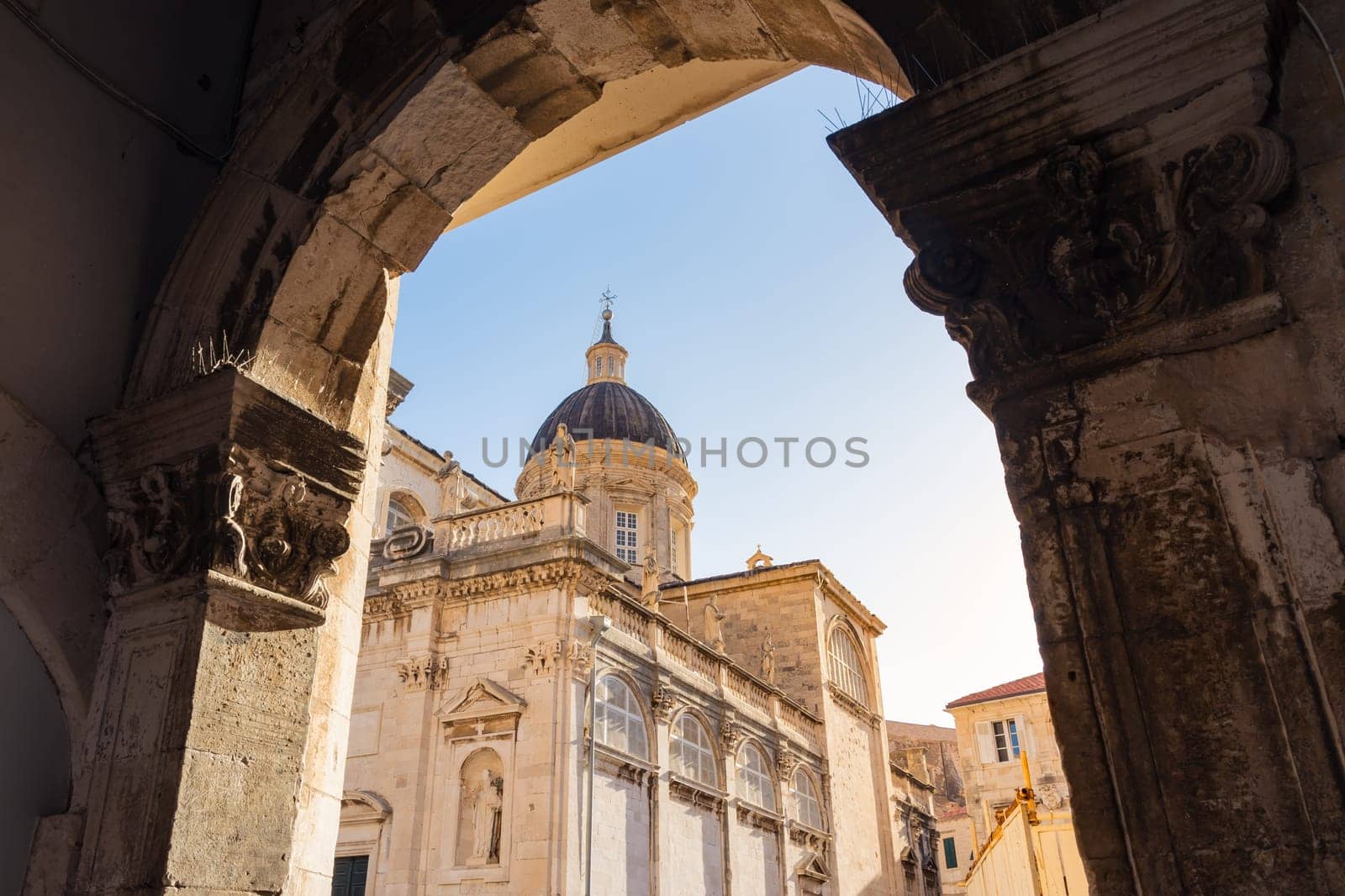 Early Sunset Over City Center Rector's Palace and Cathedral in Dubrovnik Croatia