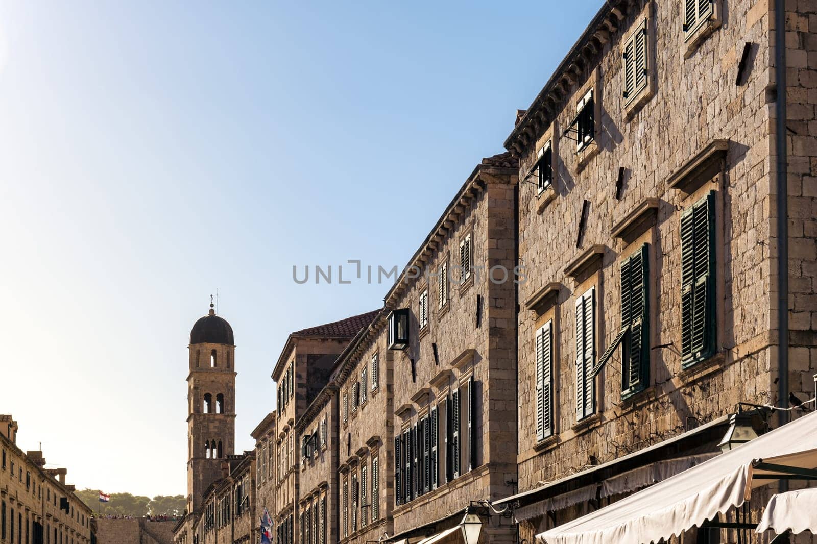 Dubrovnik Croatia Stradun Street View Looking Down Clocktower Daytime