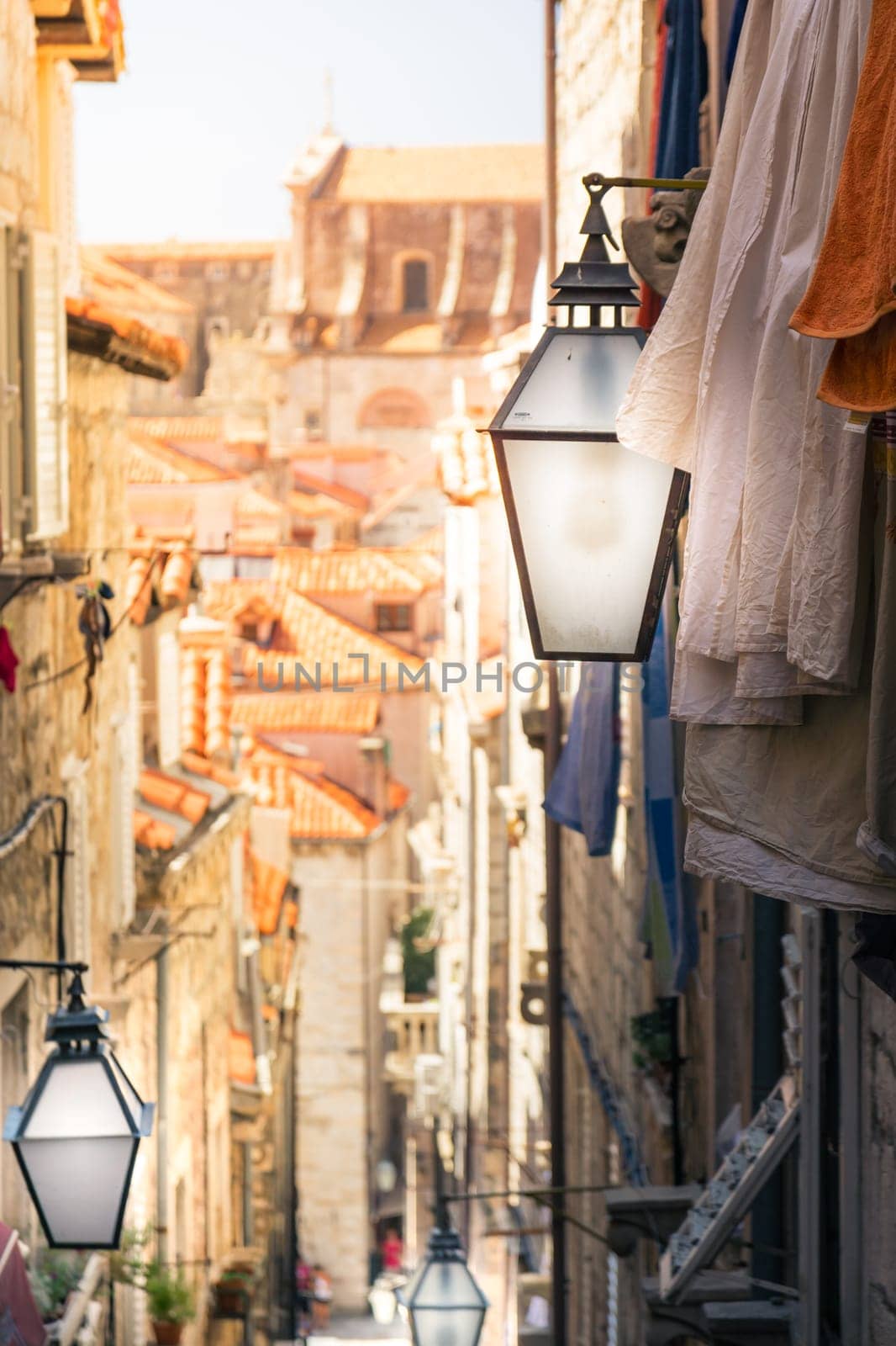 Dubrovnik Croatia Lamps Alleyway Walking Down into City Center Overlooking Rooftops