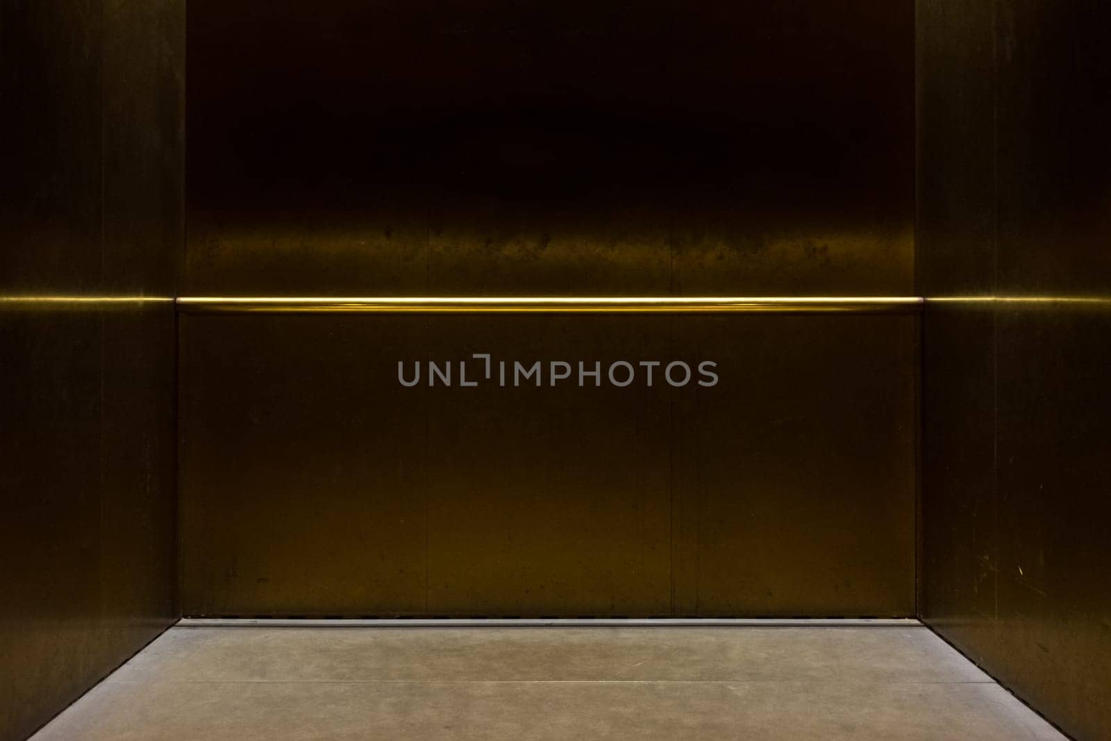 Empty Fancy Elevator Carriage Metal Pole Inside Metal Box Interior Closed Elegant Gold Bronze Overhead Floor Trap Blank Room