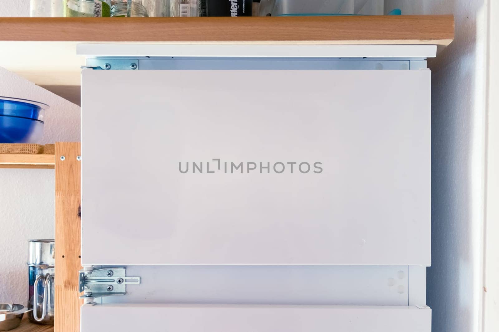Empty Fridge Door White Template Isolated Text Copy Space Kitchen Shelf Pots Pans