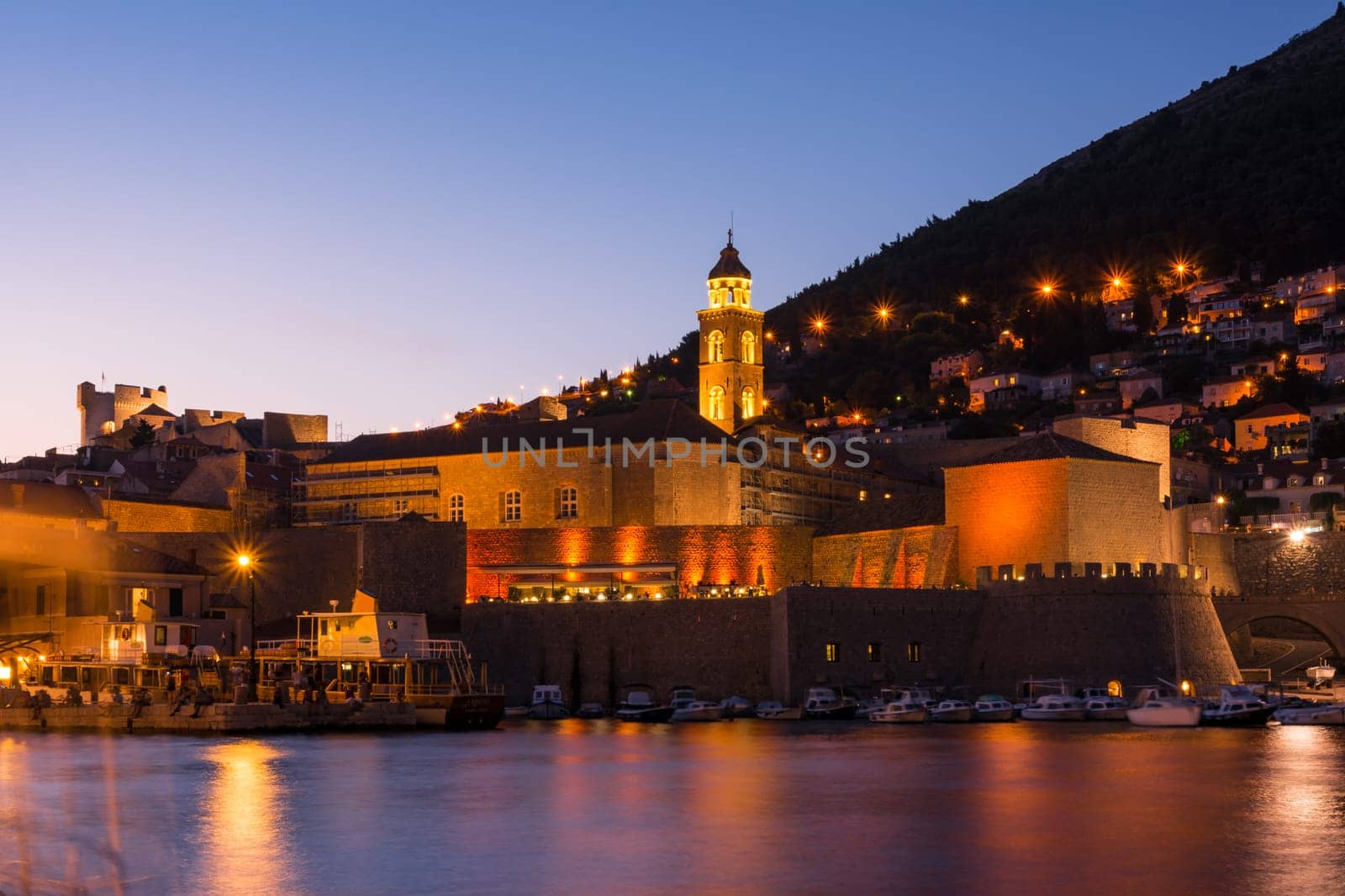 Dubrovnik Croatia City Center During Sunset Twilight Blue Hour Beautiful Cityscape