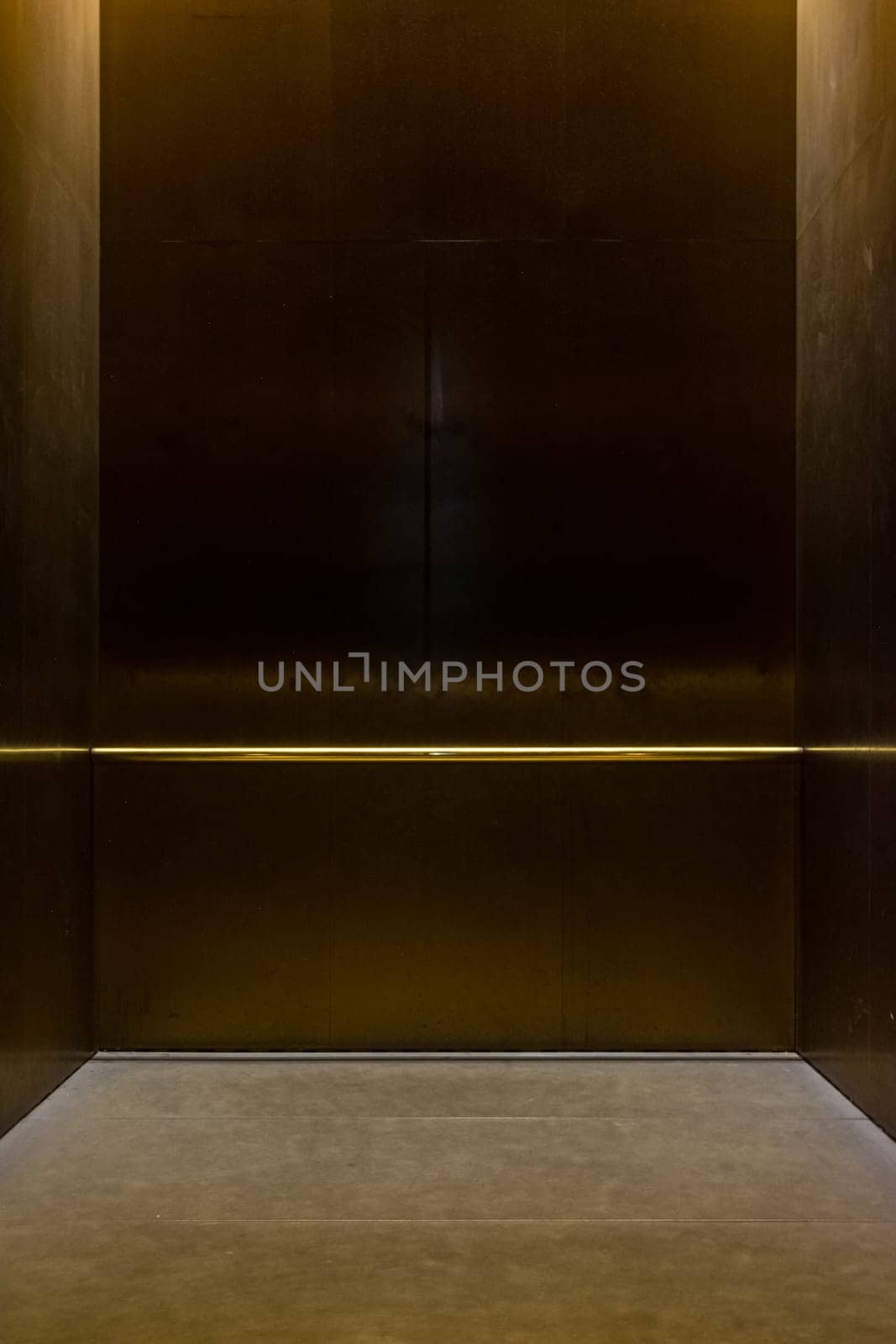 Empty Fancy Elevator Carriage Metal Pole Inside Metal Box Interior Closed Elegant Gold Bronze Overhead Floor Trap Blank Room