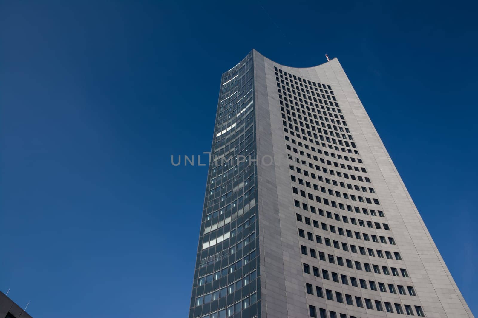 Leipzig Panorama Tower Highrise Skyscraper Blue Skies Outdoors Germany Modern European Architecture Glass Office Building