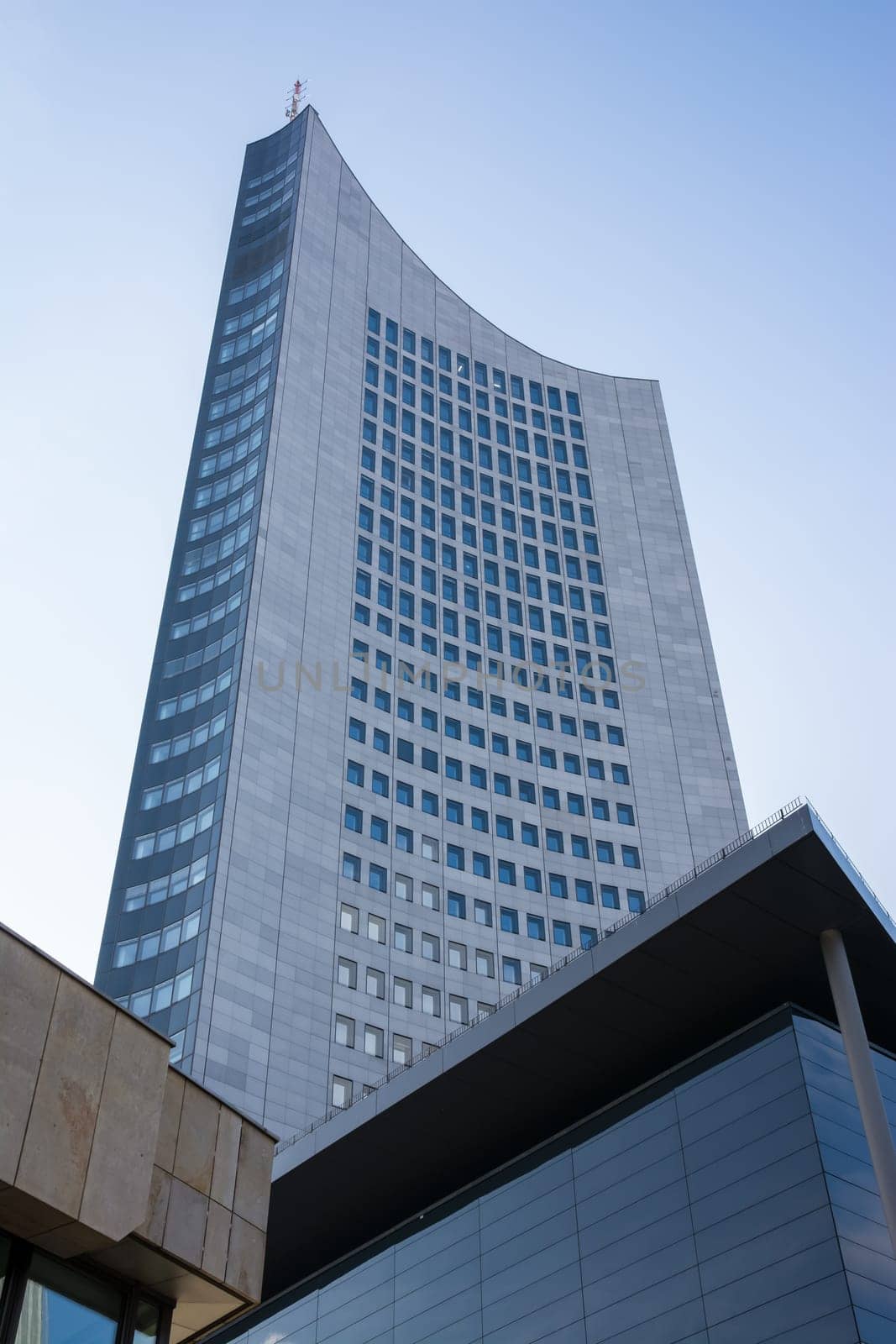 Leipzig Panorama Tower Highrise Skyscraper Blue Skies Outdoors Germany Modern European Architecture Glass Office Building