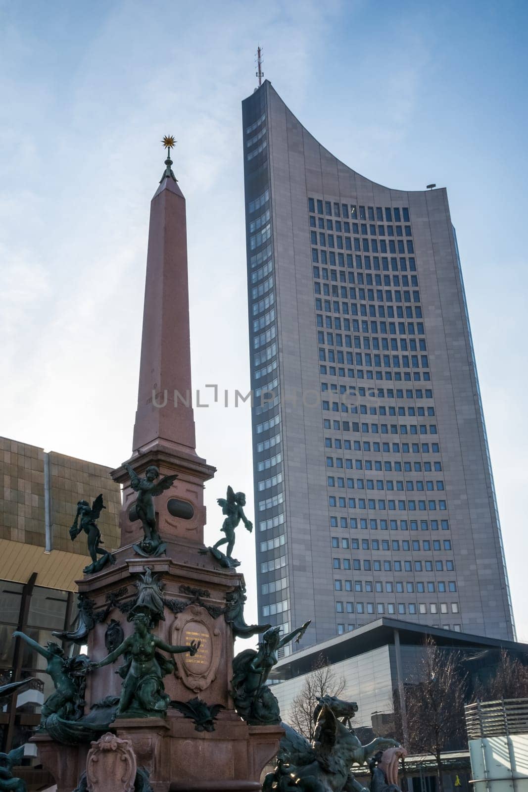 Leipzig Panorama Tower Highrise Skyscraper Blue Skies Outdoors Germany Modern European Architecture Glass Office Building