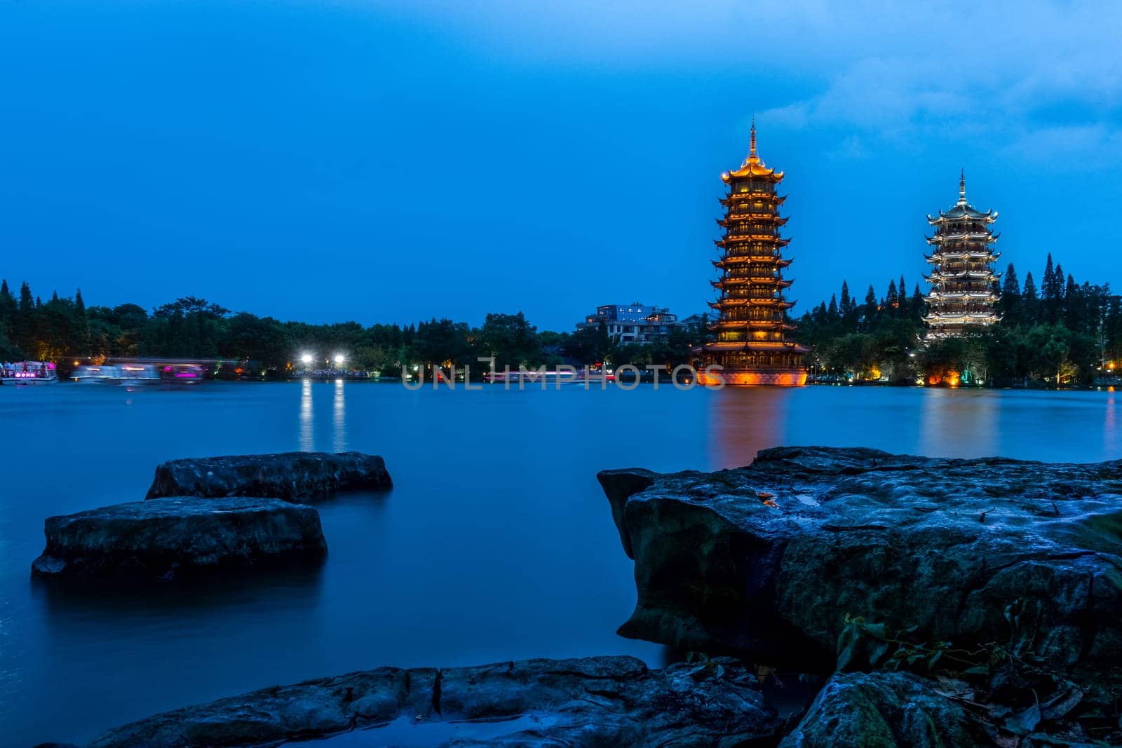 Guilin, China Two Pagodas on Lake During Twilight