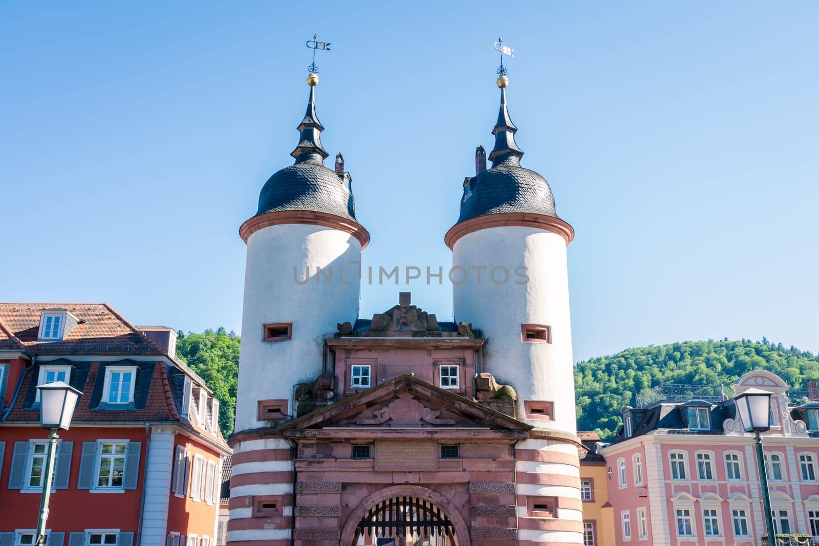 Heidelberg Old Bridge Gate Towers White Blue Sunny Day Vacation Travel Destination Architecture