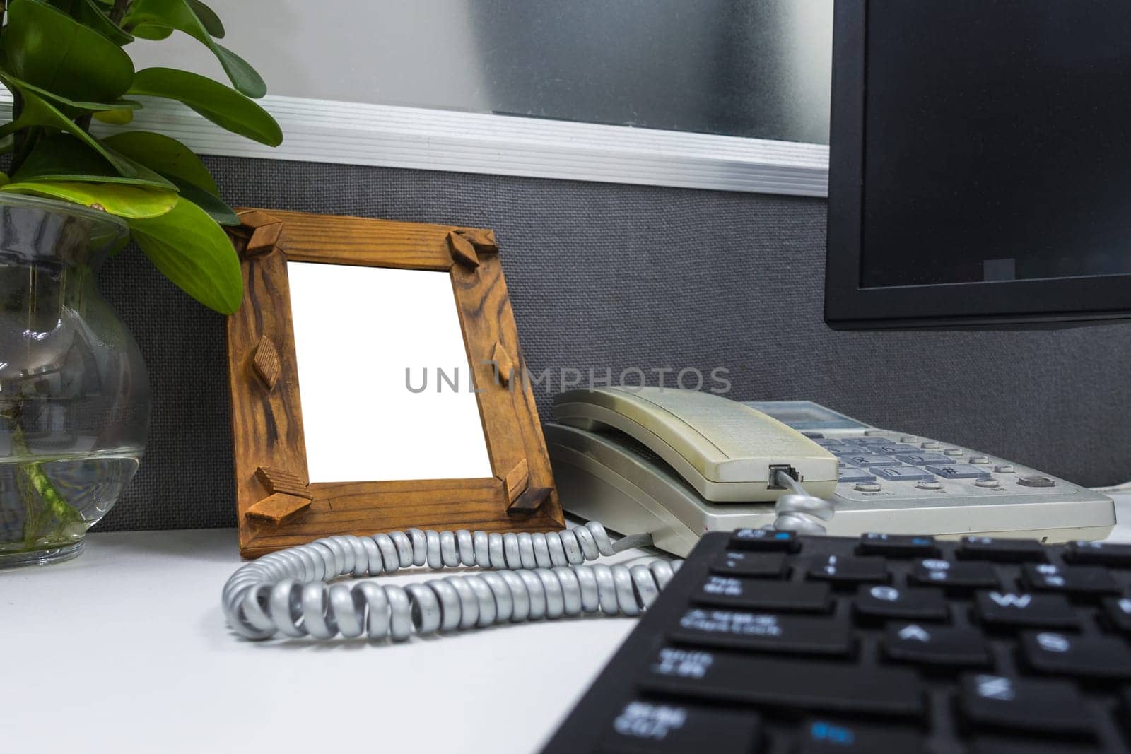 Photo Frame Billboard Rectangular White Mockup on the Desk