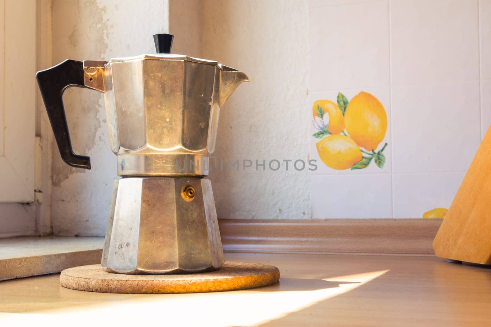 Italian Coffee Espresso Pot Kettle Cooking Equipment Sunlight Caffeine Drink Countertop