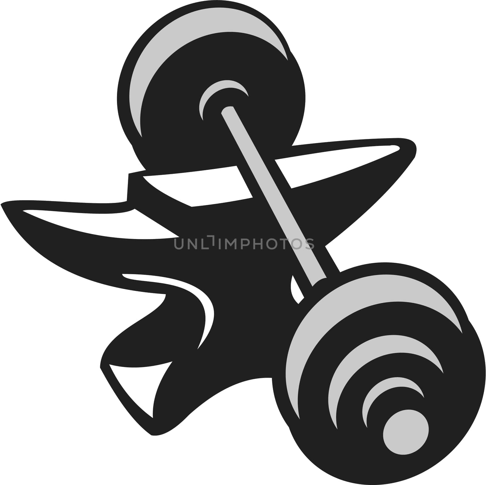 Illustration of a barbell dumbell weights on top of anvil done in black and white grayscale retro style on isolated white background..