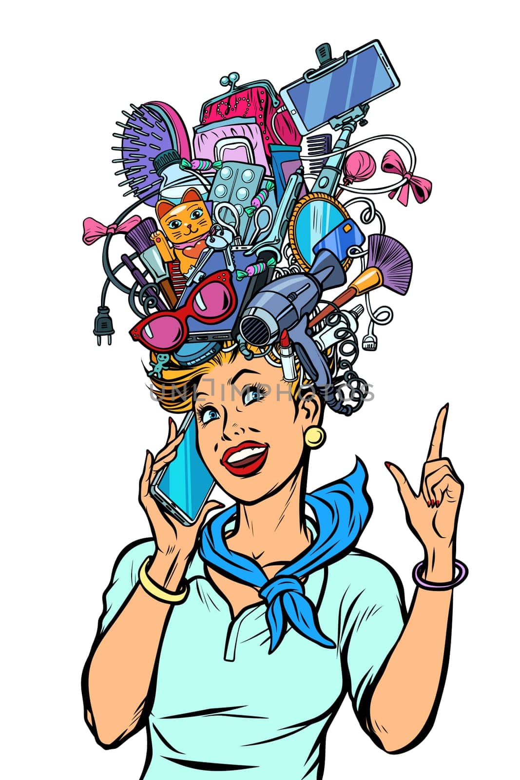 stewardess woman dreams about gadgets. Pop art retro vector illustration kitsch vintage