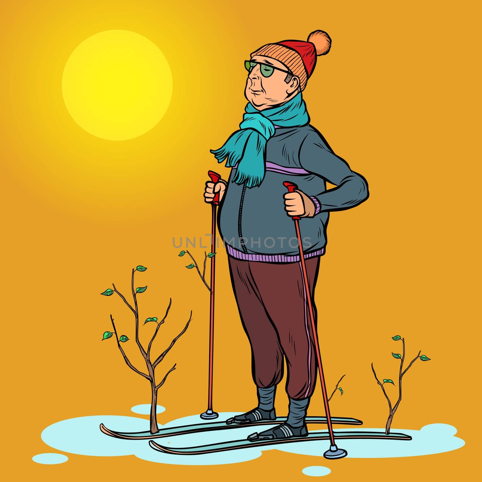 skier man spring in the forest, sun. Pop art retro vector illustration kitsch vintage