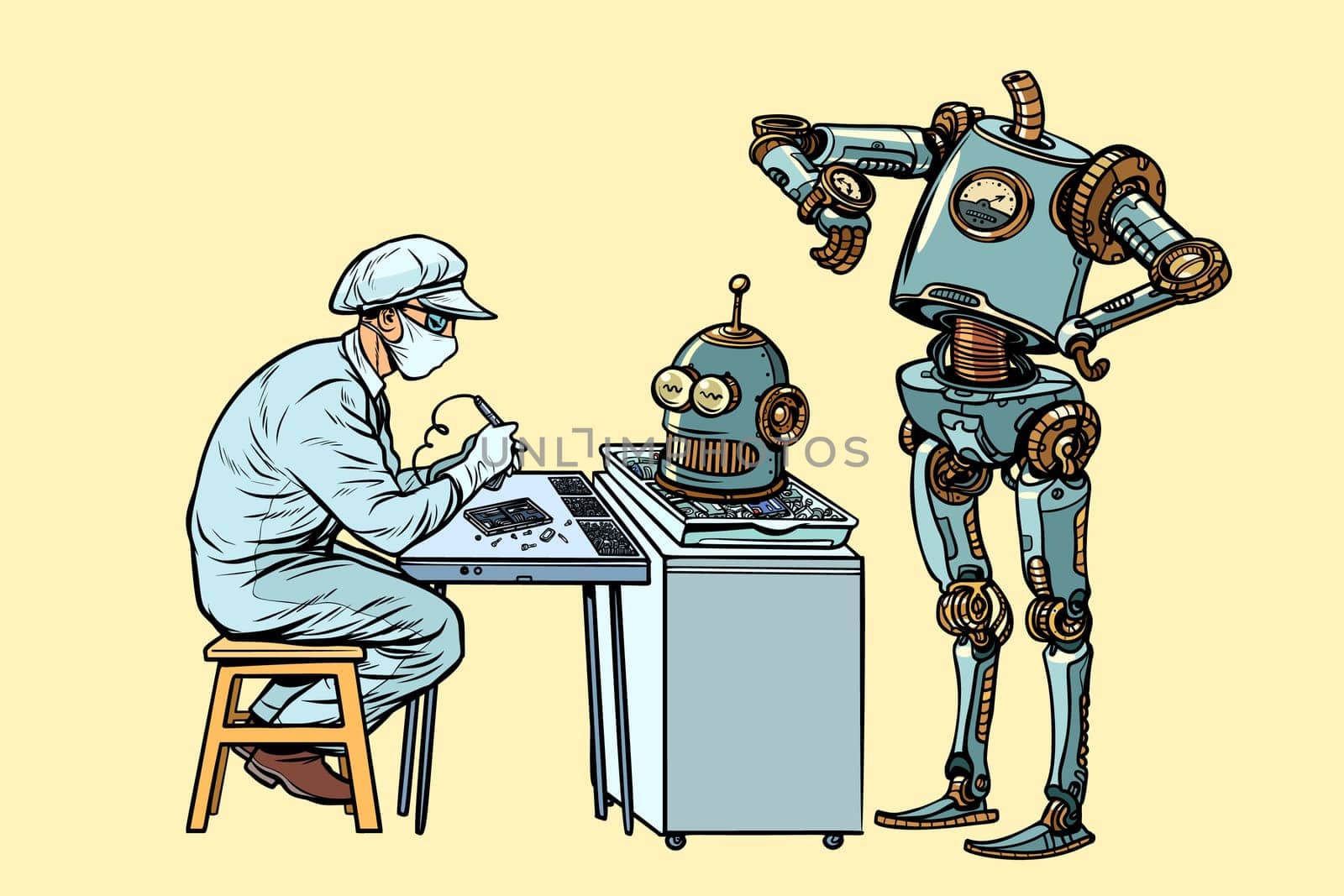The robot came to repair the head. Electronics engineer specialist. Pop art retro vector illustration kitsch vintage