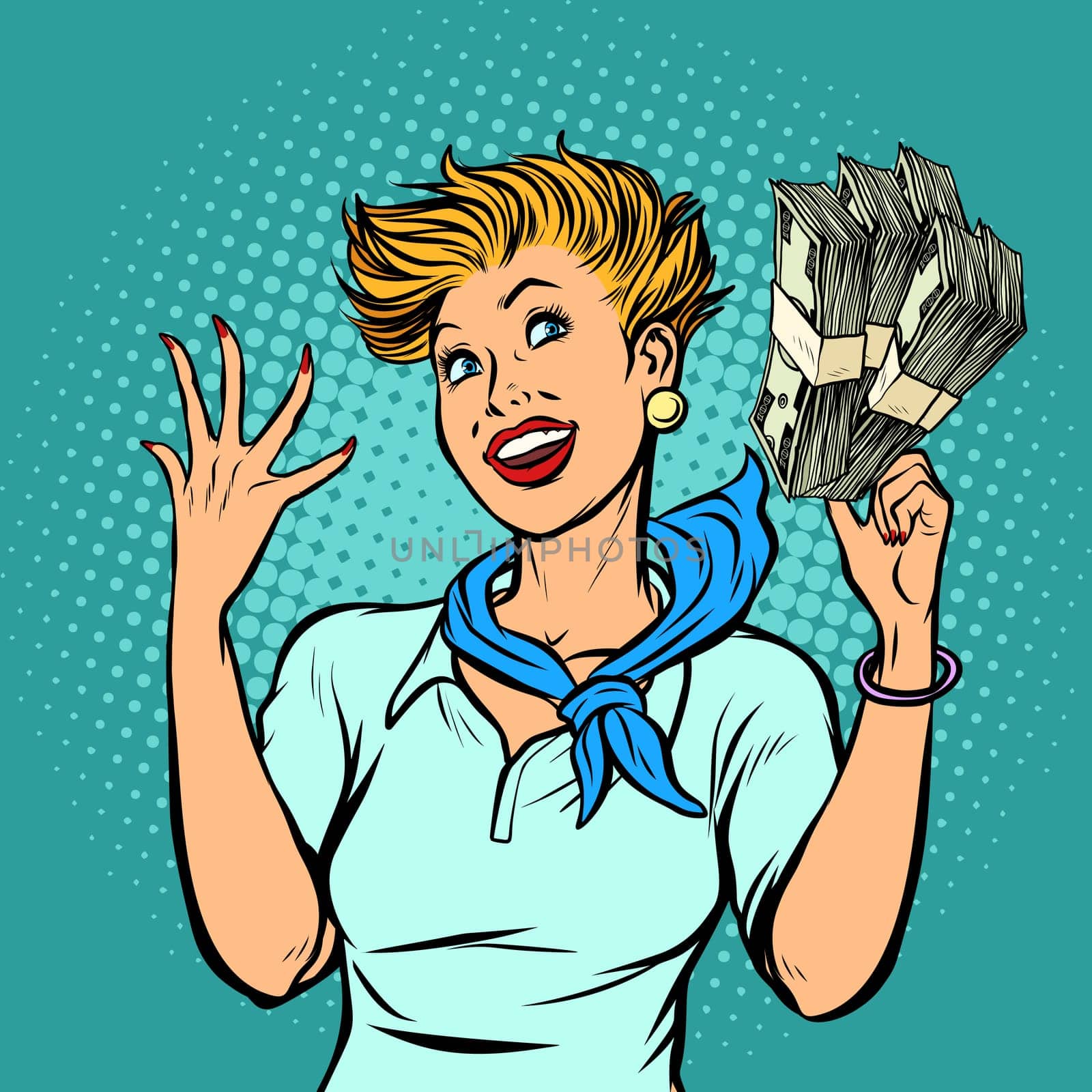 flight attendant counts dollars. Pop art retro vector illustration kitsch vintage