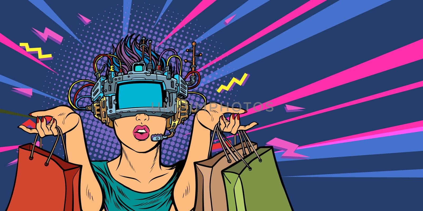 woman shopping on sale. virtual reality VR glasses. Pop art retro vector illustration vintage kitsch