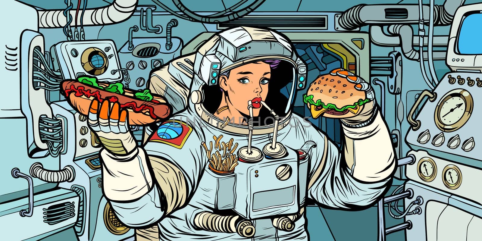 Woman astronaut eats in a spaceship. Cola, hot dog and Burger fast food. Pop art retro vector illustration kitsch vintage