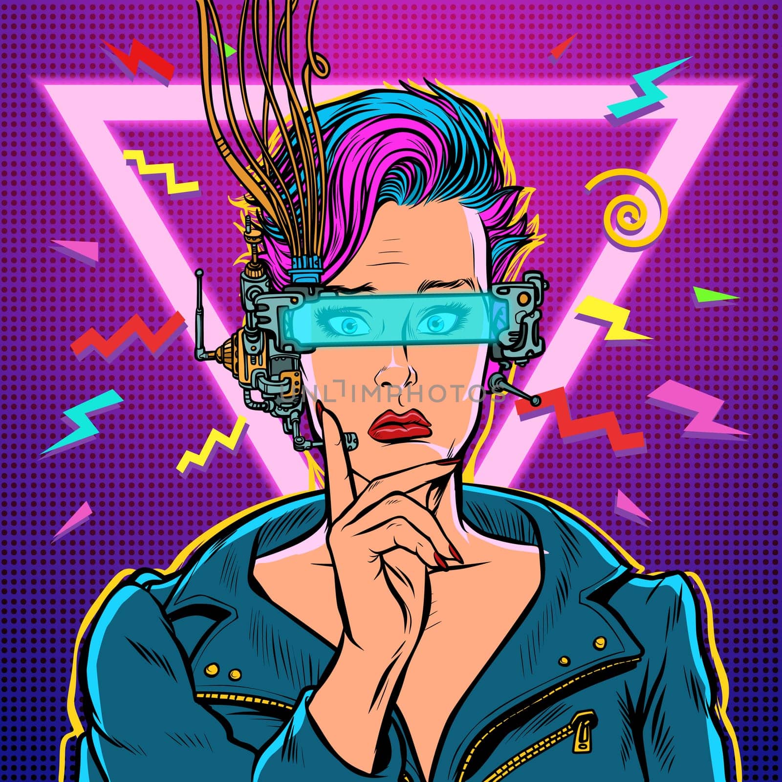 thinker vr glasses woman gamer virtual reality online. 80s girl. Pop art retro vector illustration kitsch vintage. 80s girl woman