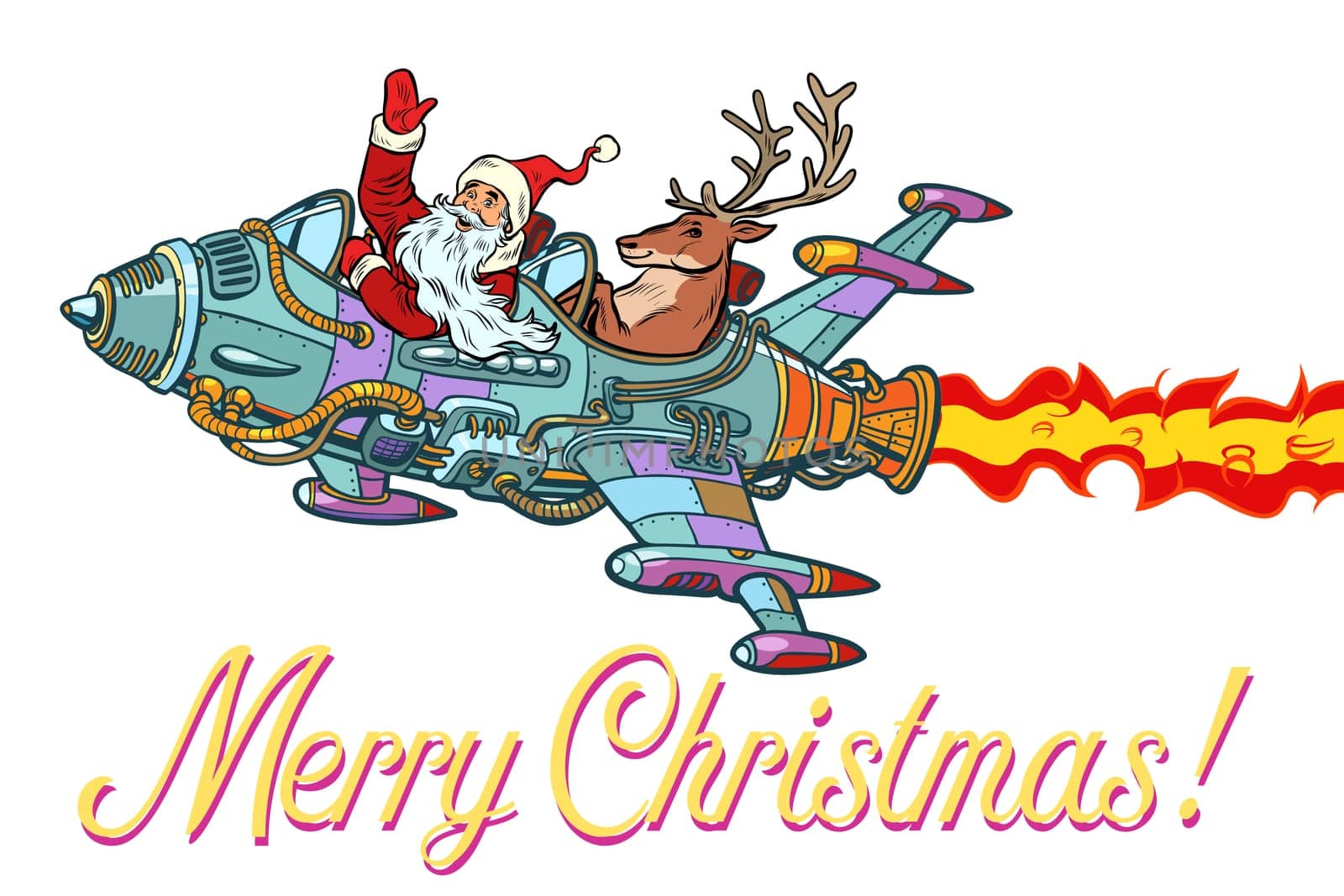 Merry Christmas. Santa Claus with a deer flying on a rocket. Pop art retro vector illustration vintage kitsch. Isolate on white background