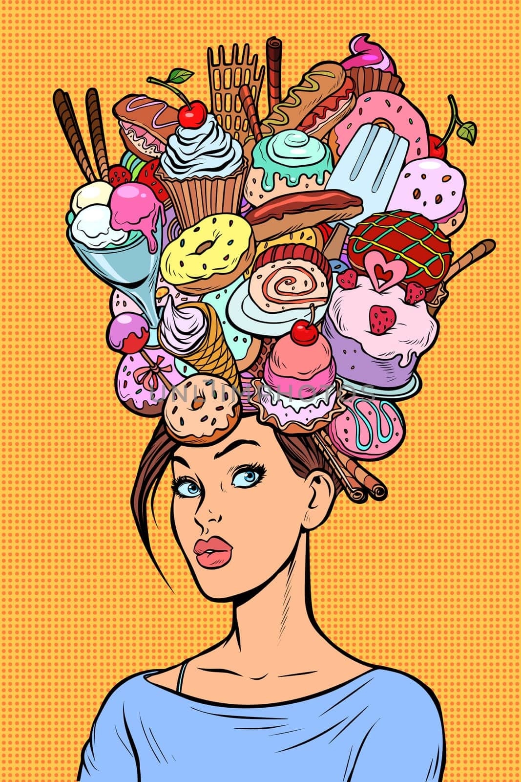 Hungry woman thoughts concept. Sweets baking birthday. Pop art retro vector illustration kitsch vintage