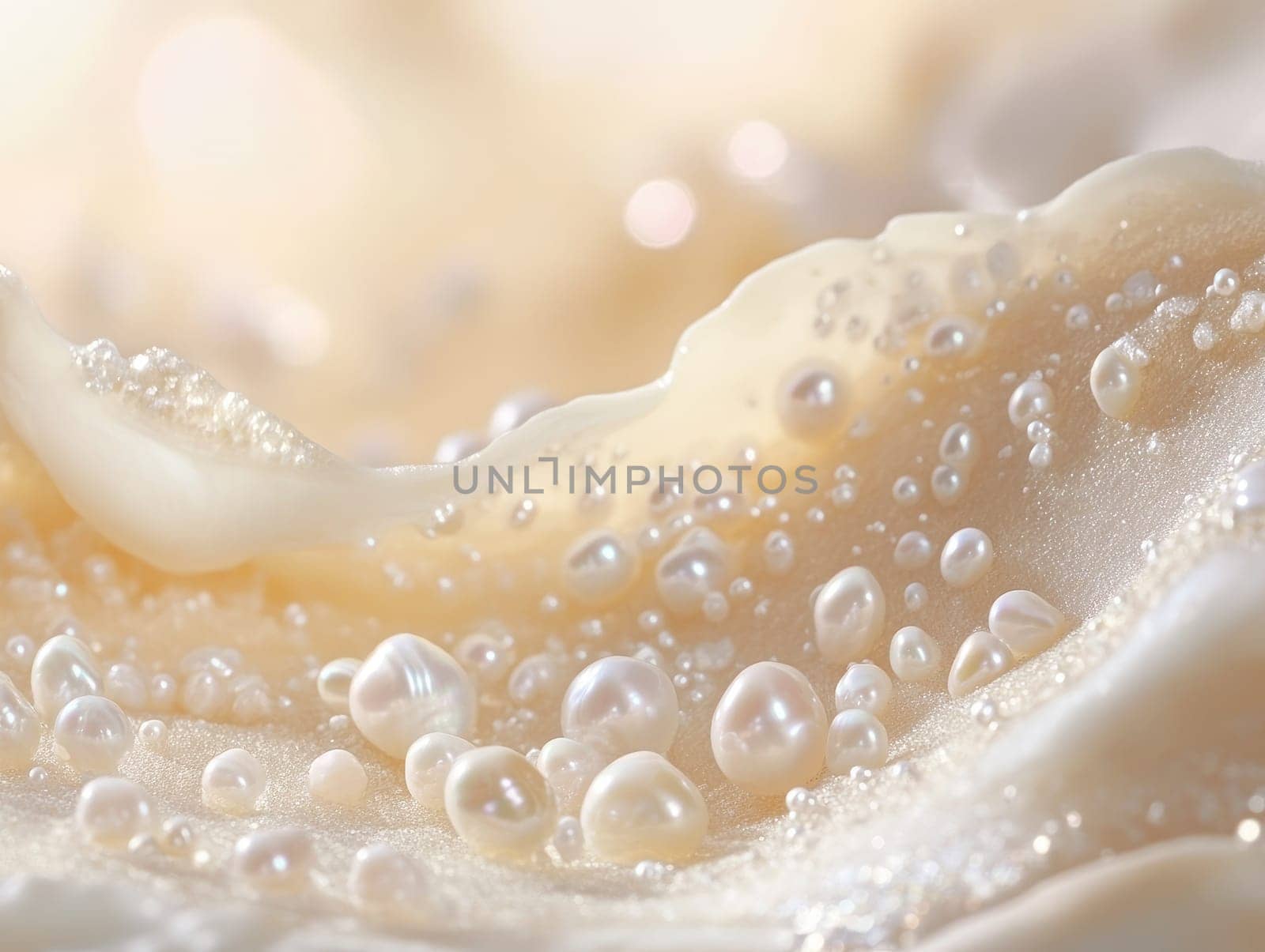 Delicate fabric features soft folds and a glossy surface, showcasing numerous shimmering pearls that reflect light beautifully. The overall composition creates an elegant and serene atmosphere.