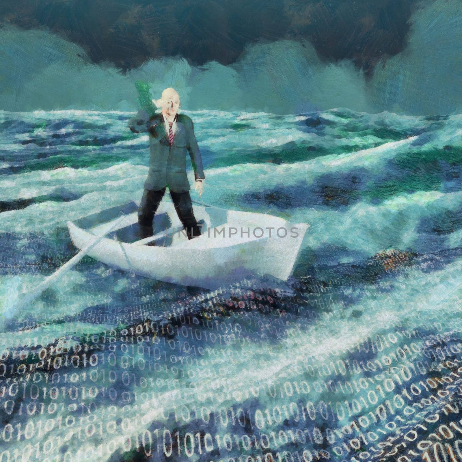Surreal painting. Man in suit floats in boat in ocean with binary code.