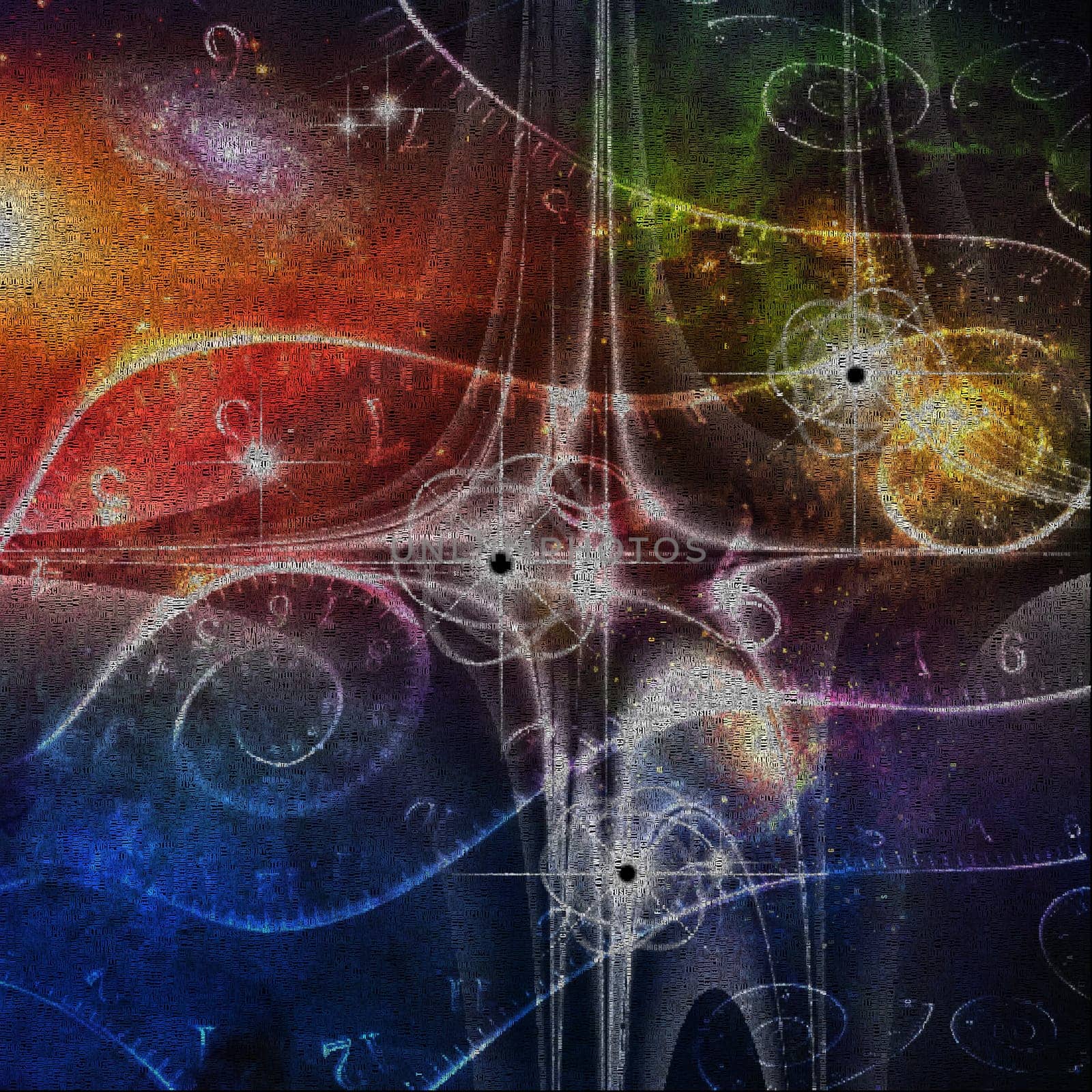 Eternity in space. Time spirals and black gravity holes. Image composed entirely of words, text.