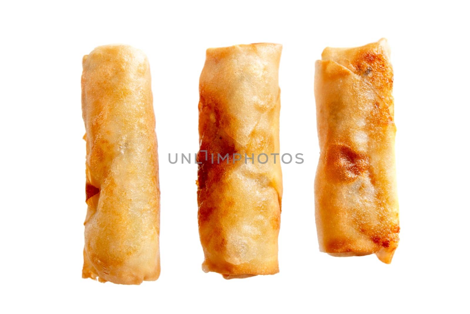 Three deep fried spring rolls isolated on white background.