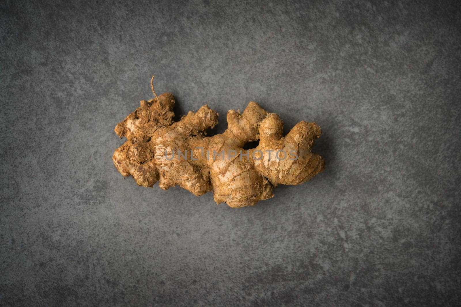 Top view fresh raw ginger root with copy space on dark background.