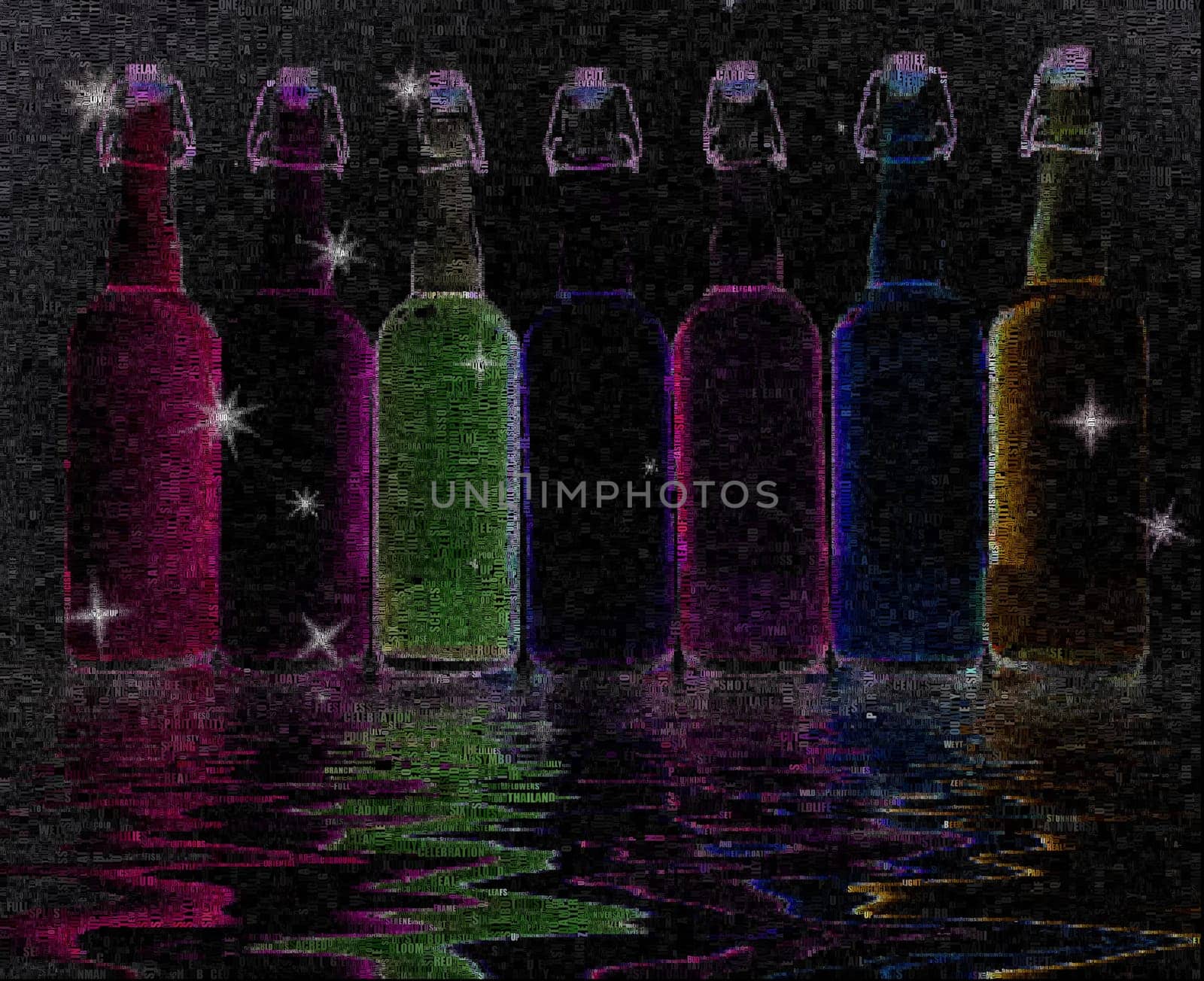 Colorful bottles reflected in water surface. Image composed entirely of words