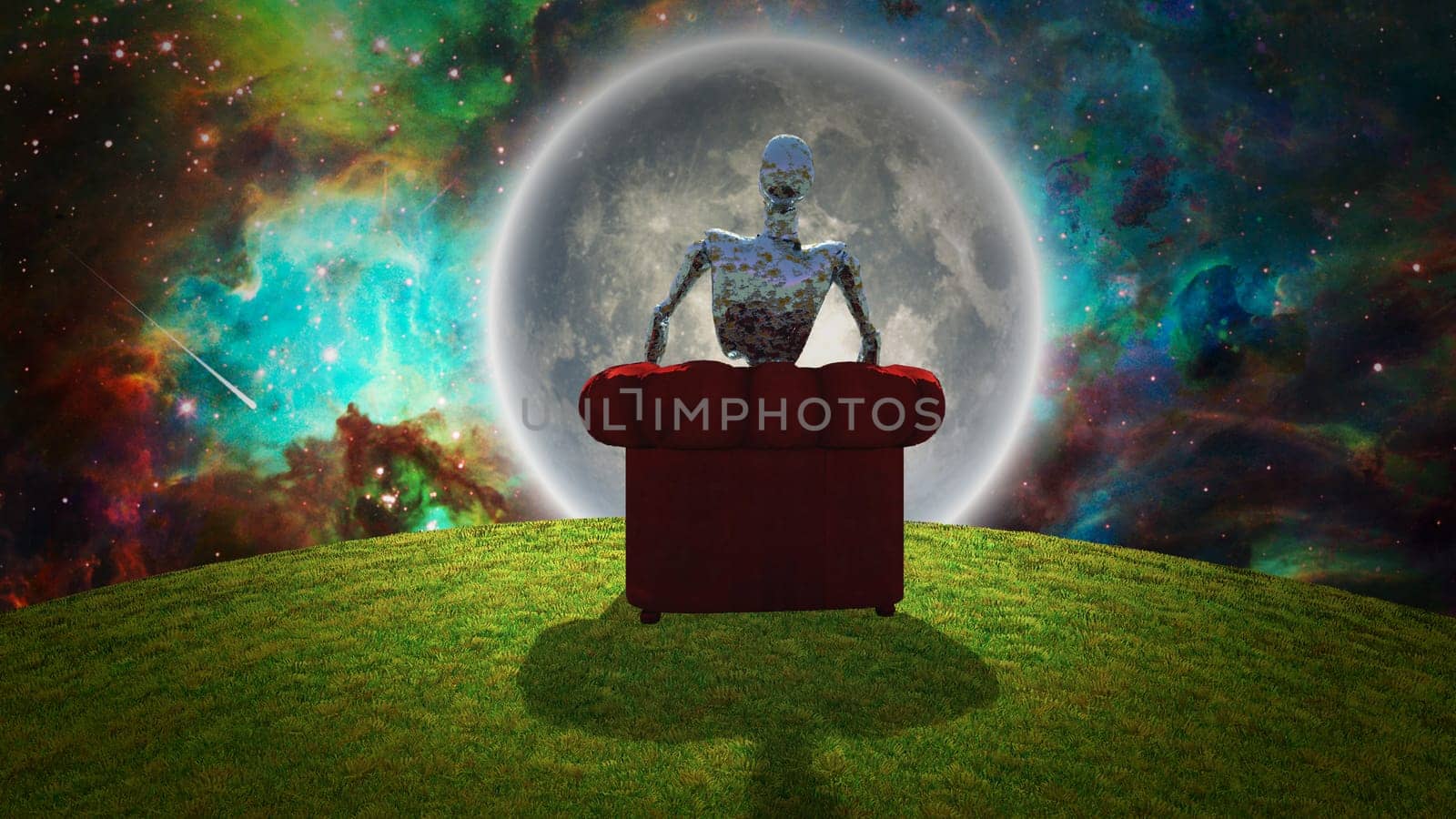 Surreal composition. Rusted alien sits in red armchair and observer bright moon. 3D rendering