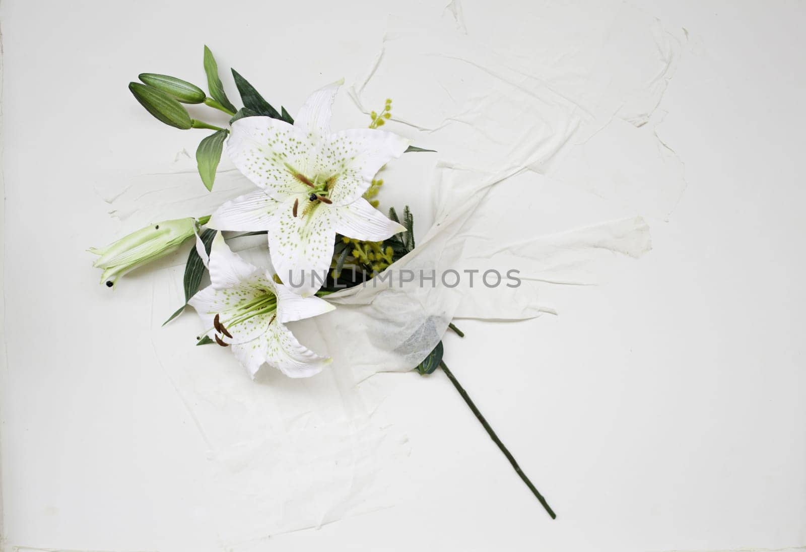 Bouquet of white flowers on marble wall, decoration and nature