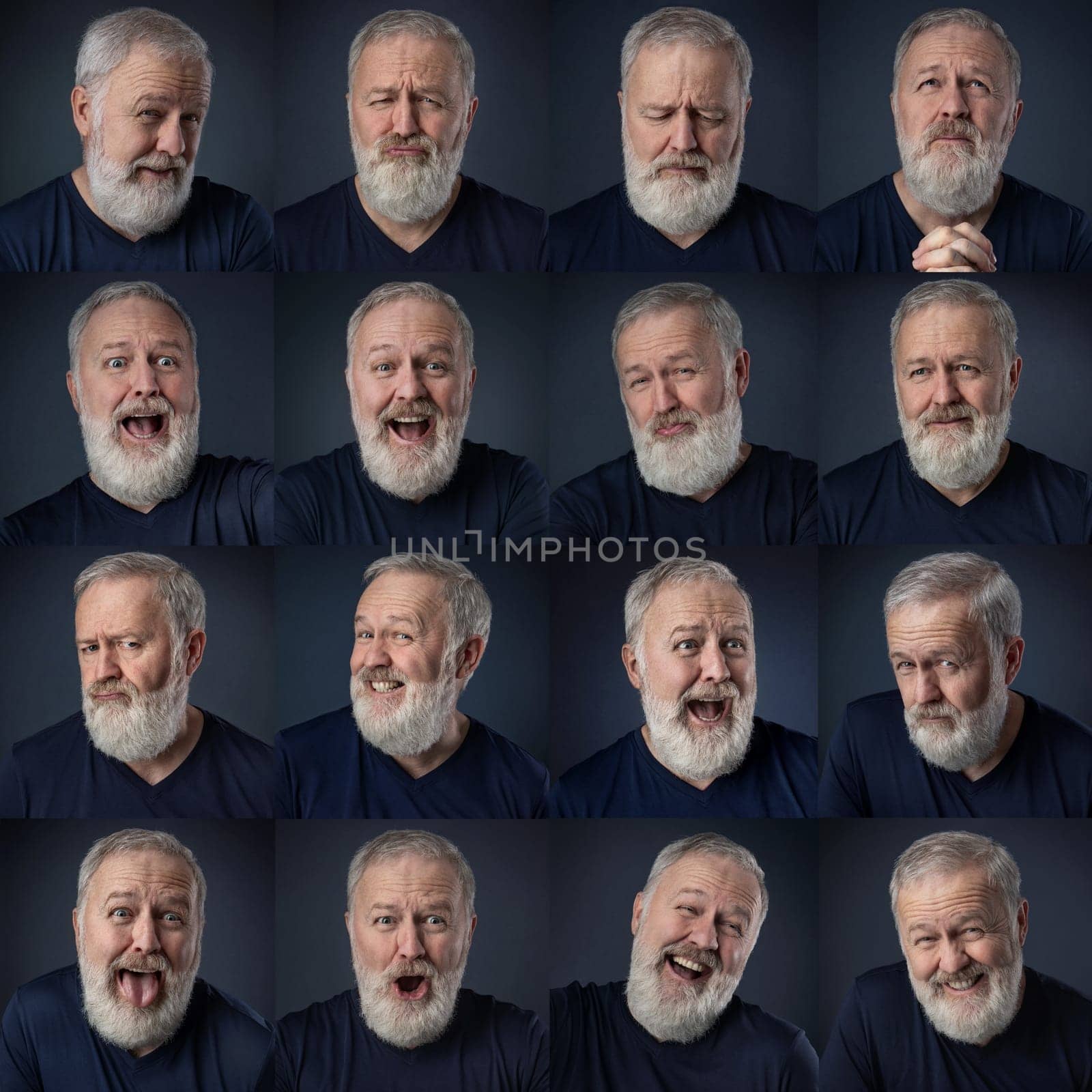 Mosaic of old man portraits with gray beard expressing different emotions. Christian concept for the spiritual change, evolution, from a person without faith.