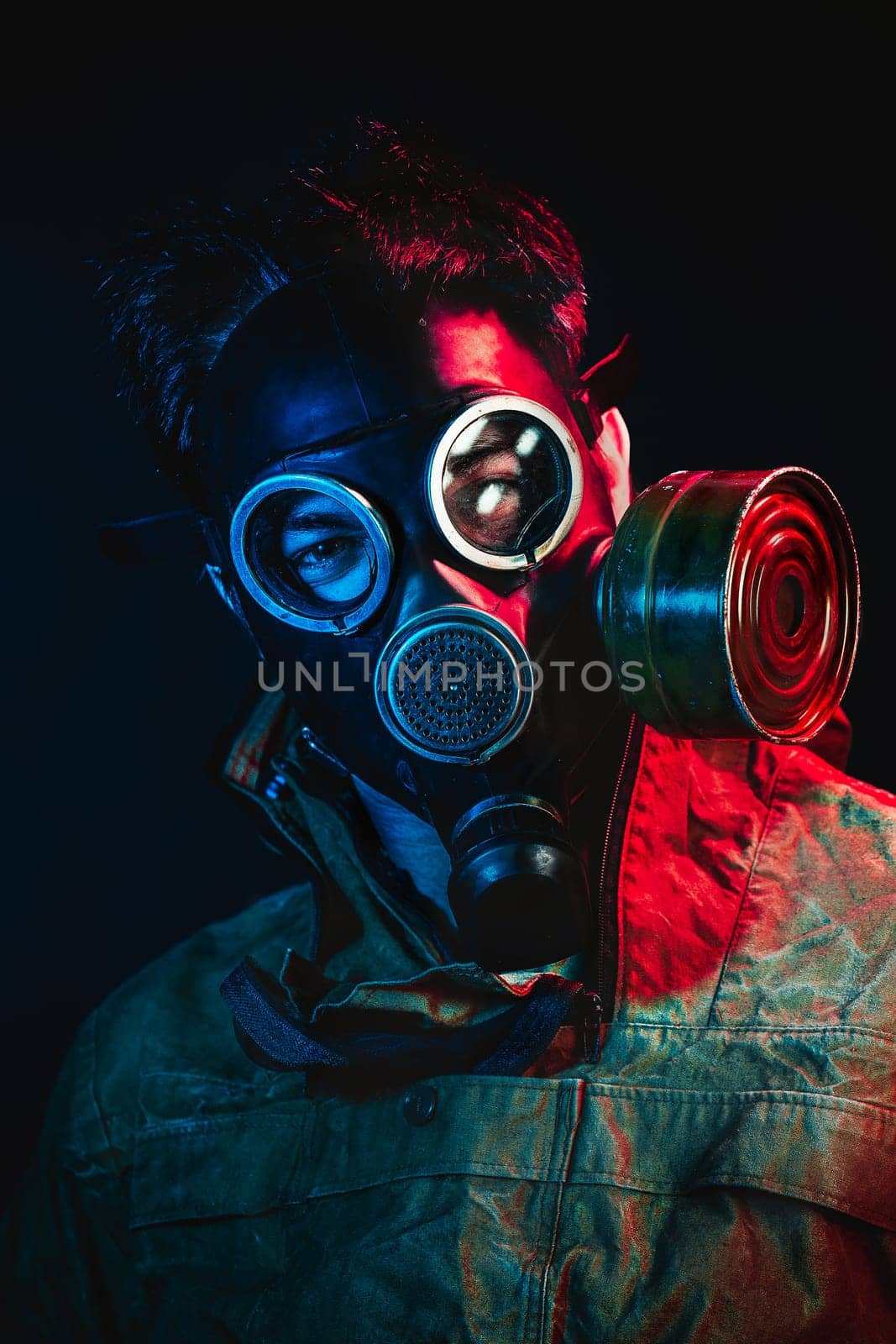 grunge portrait man in gas mask
