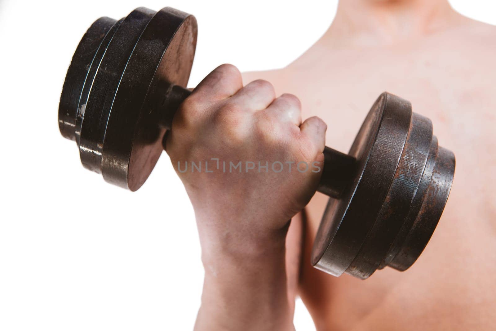 Muscular Arm and Hand Holding Dumbbell over white