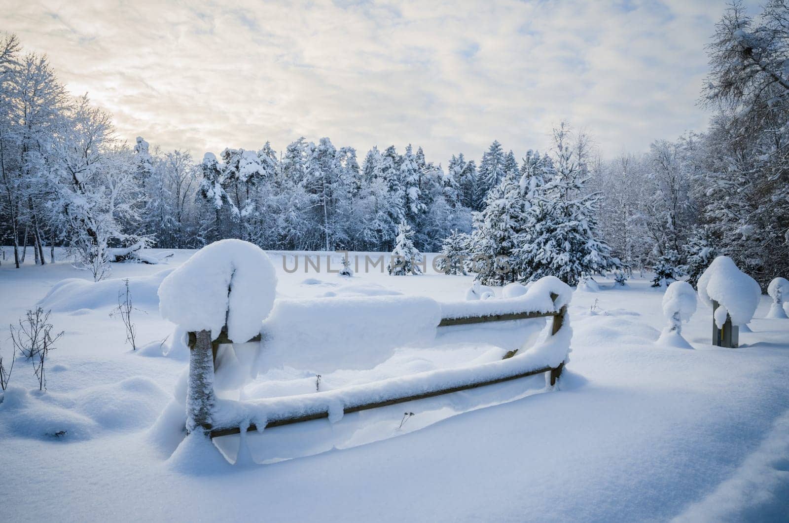 Snow-covered landscape in the countryside. Viitna, Estonia