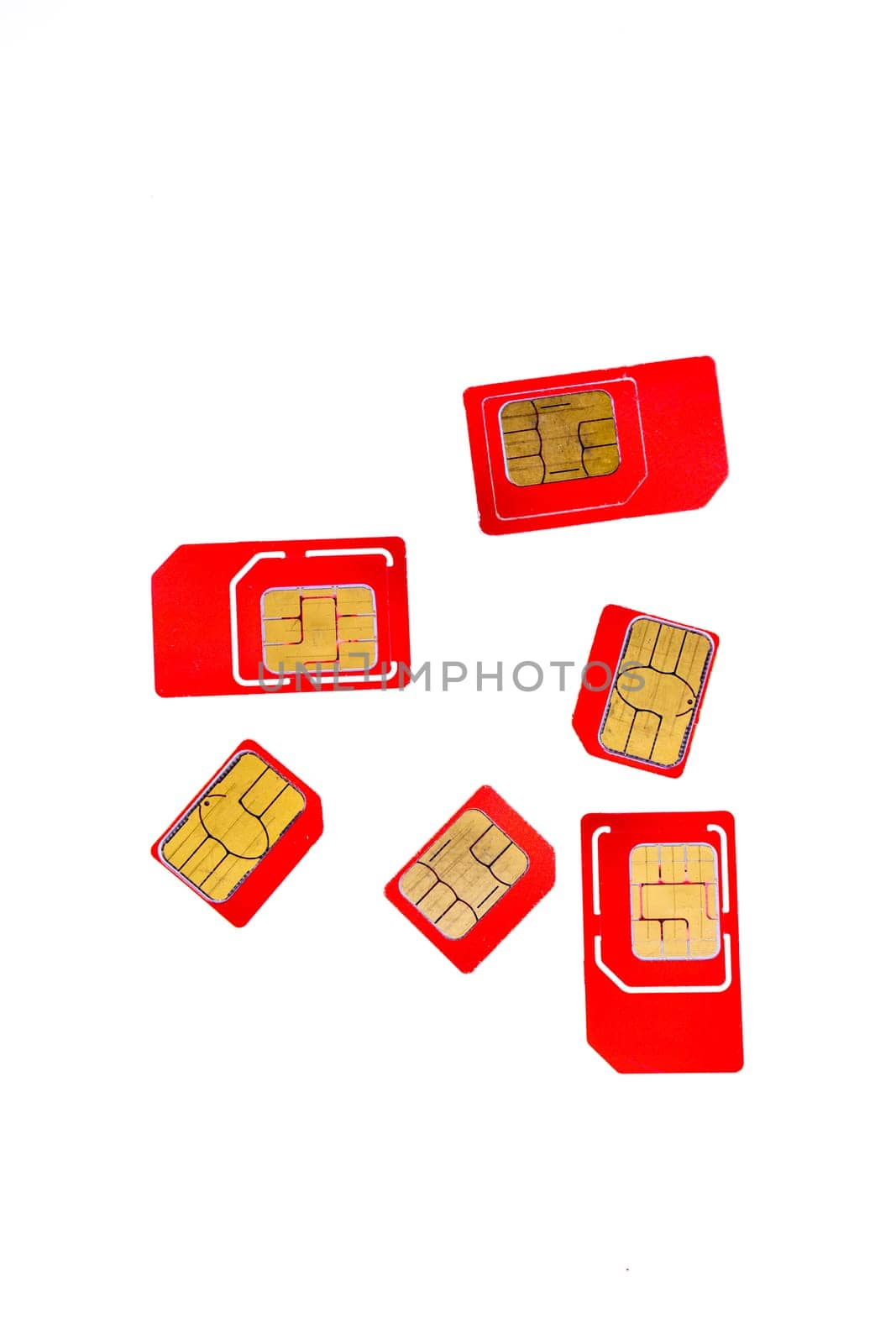 Stack of red sim card on white background