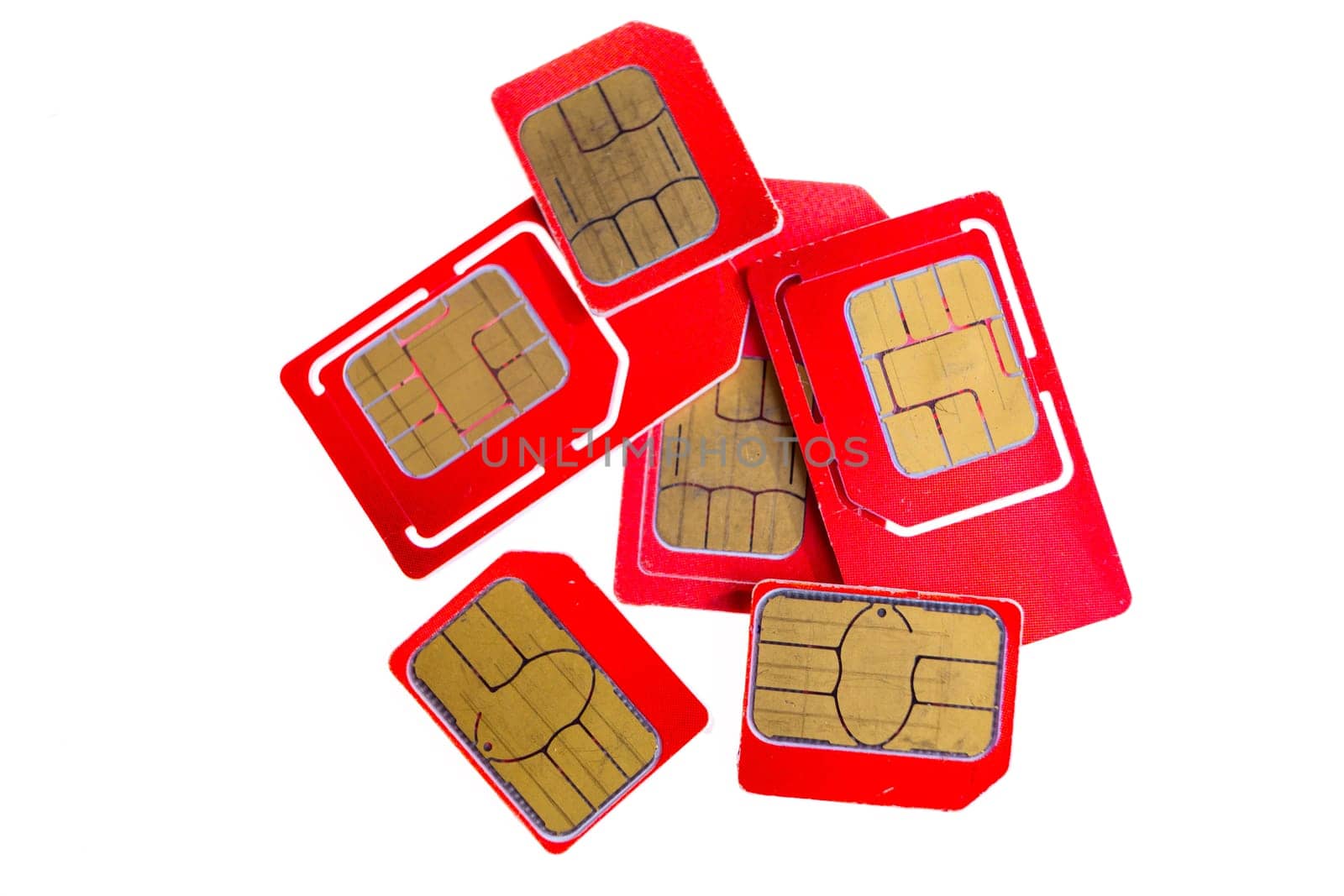 Stack of red sim card on white background