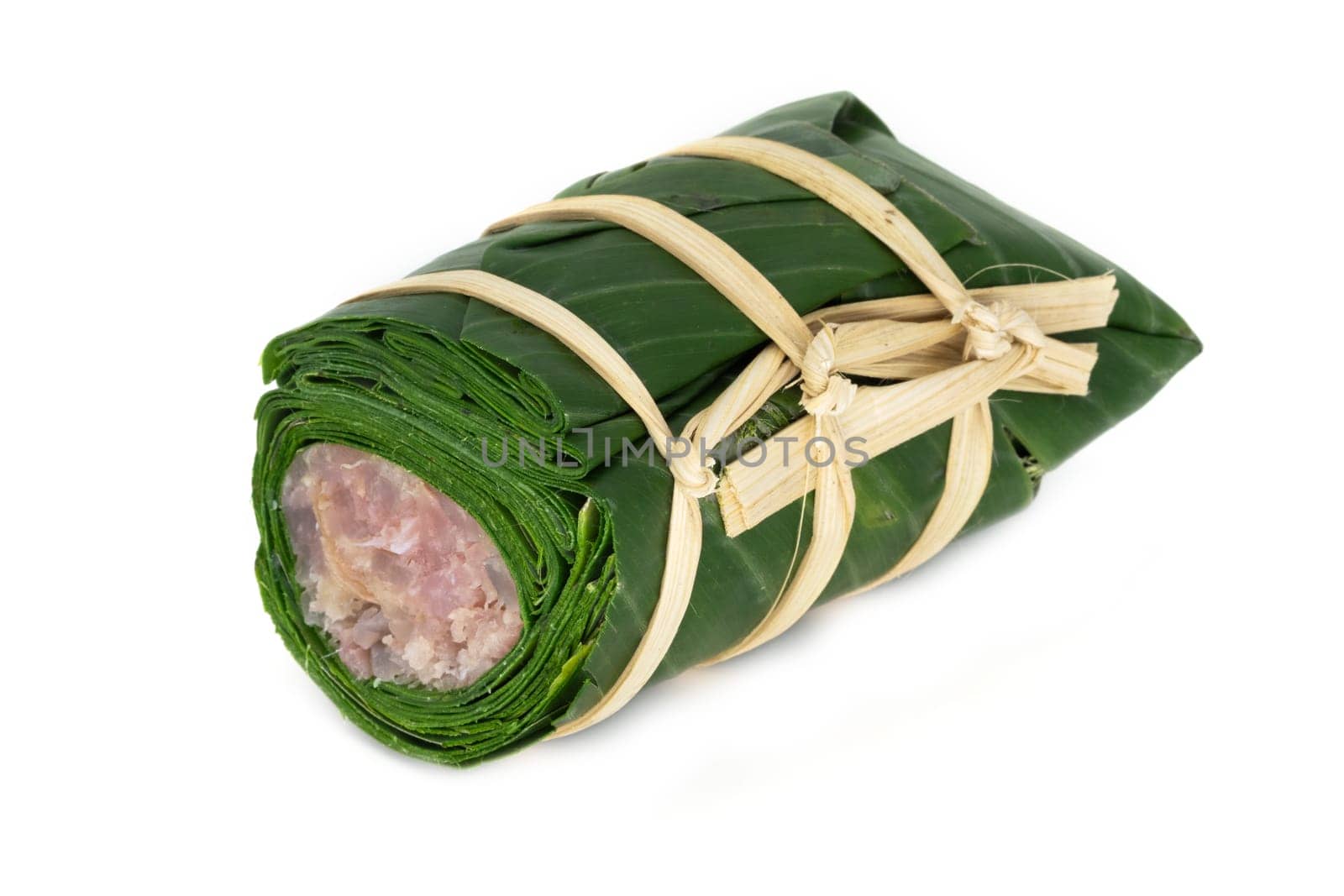 Sticky Rice In Banana Leaf, traditional thai food on white background