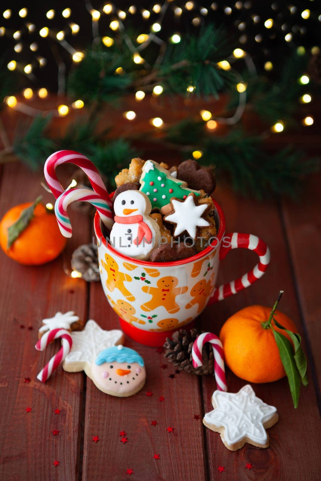 Festive Christmas mug with beautifully decorated cookies