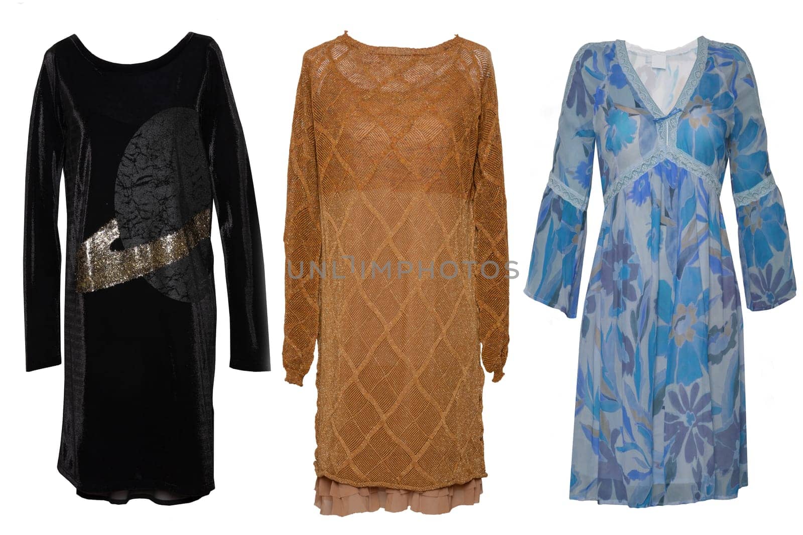 Collage woman clothes. Set of stylish and trendy women dresses and accessories isolated on a white background. Latest fashion trends.